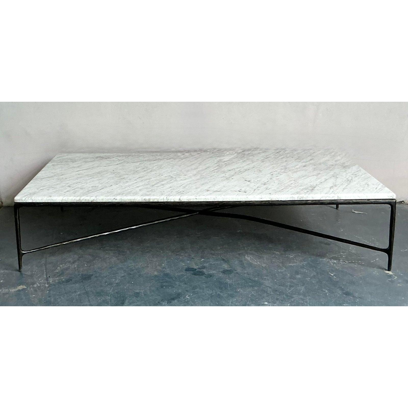 Vintage Boho Hammered Iron and Marble Slab Coffee Table In Good Condition In West Palm Beach, FL