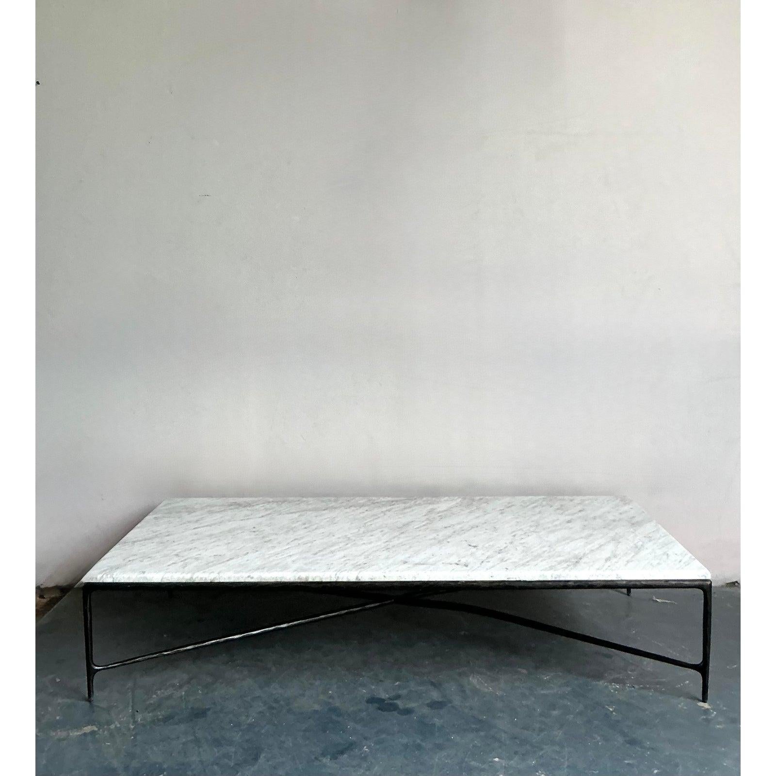20th Century Vintage Boho Hammered Iron and Marble Slab Coffee Table
