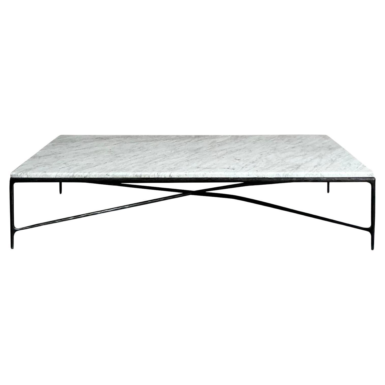 Vintage Boho Hammered Iron and Marble Slab Coffee Table