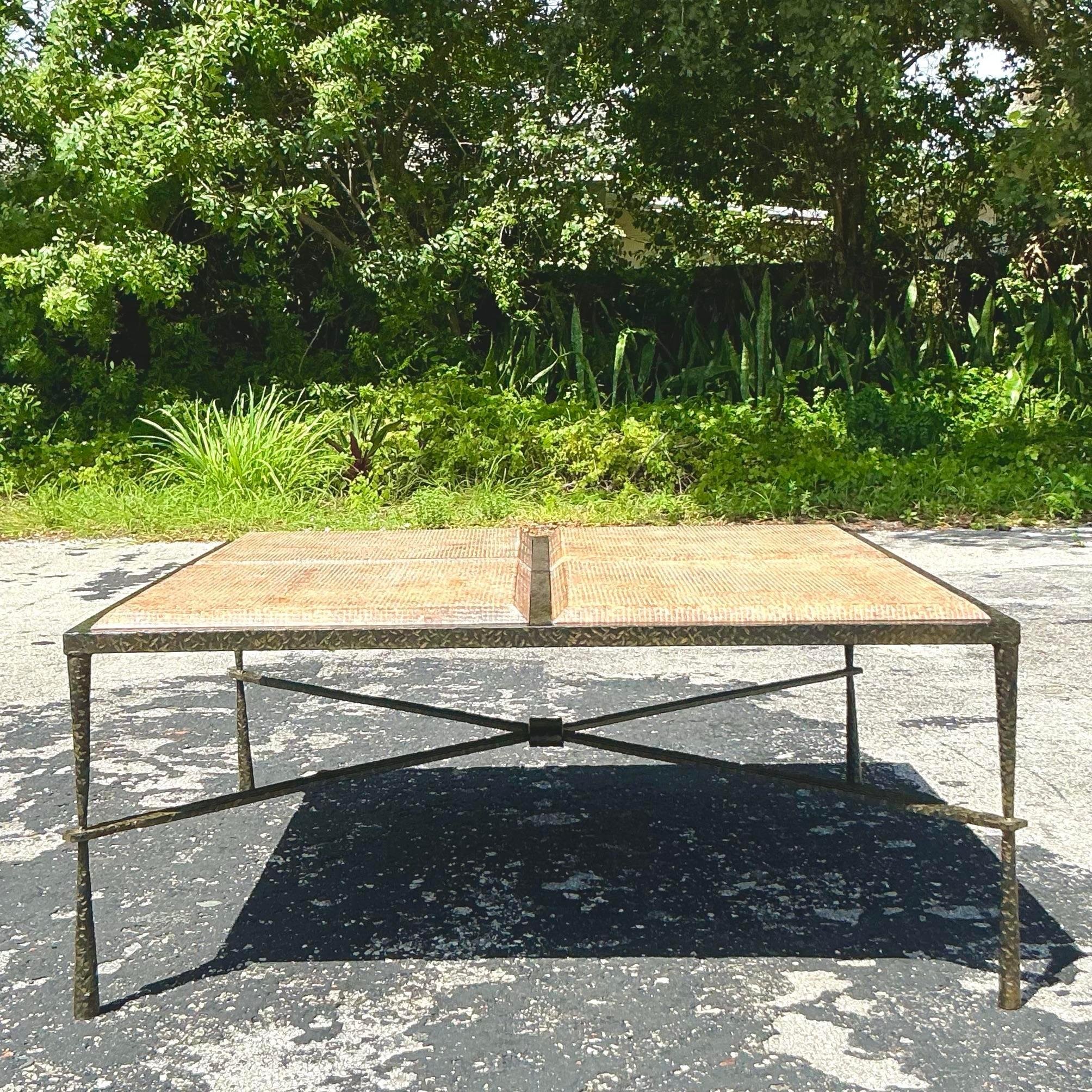 American Vintage Boho Hammered Metal and Molded Wood Coffee Table For Sale