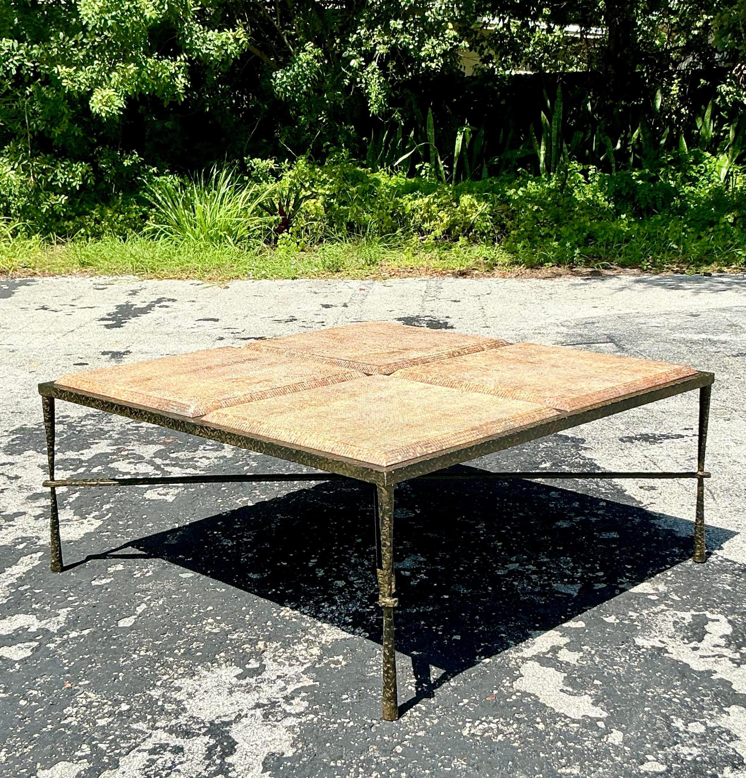 Vintage Boho Hammered Metal and Molded Wood Coffee Table In Good Condition For Sale In West Palm Beach, FL