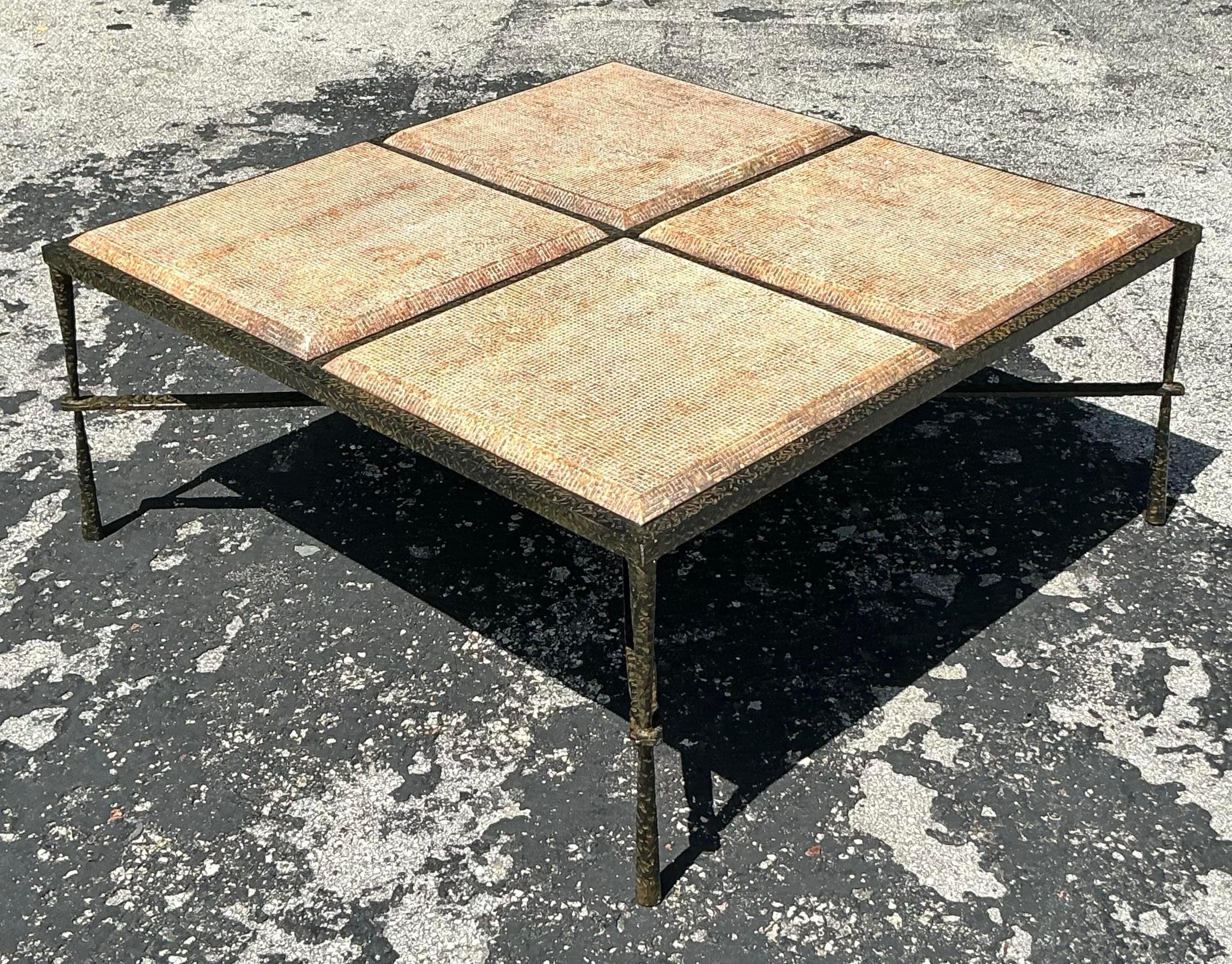 20th Century Vintage Boho Hammered Metal and Molded Wood Coffee Table For Sale