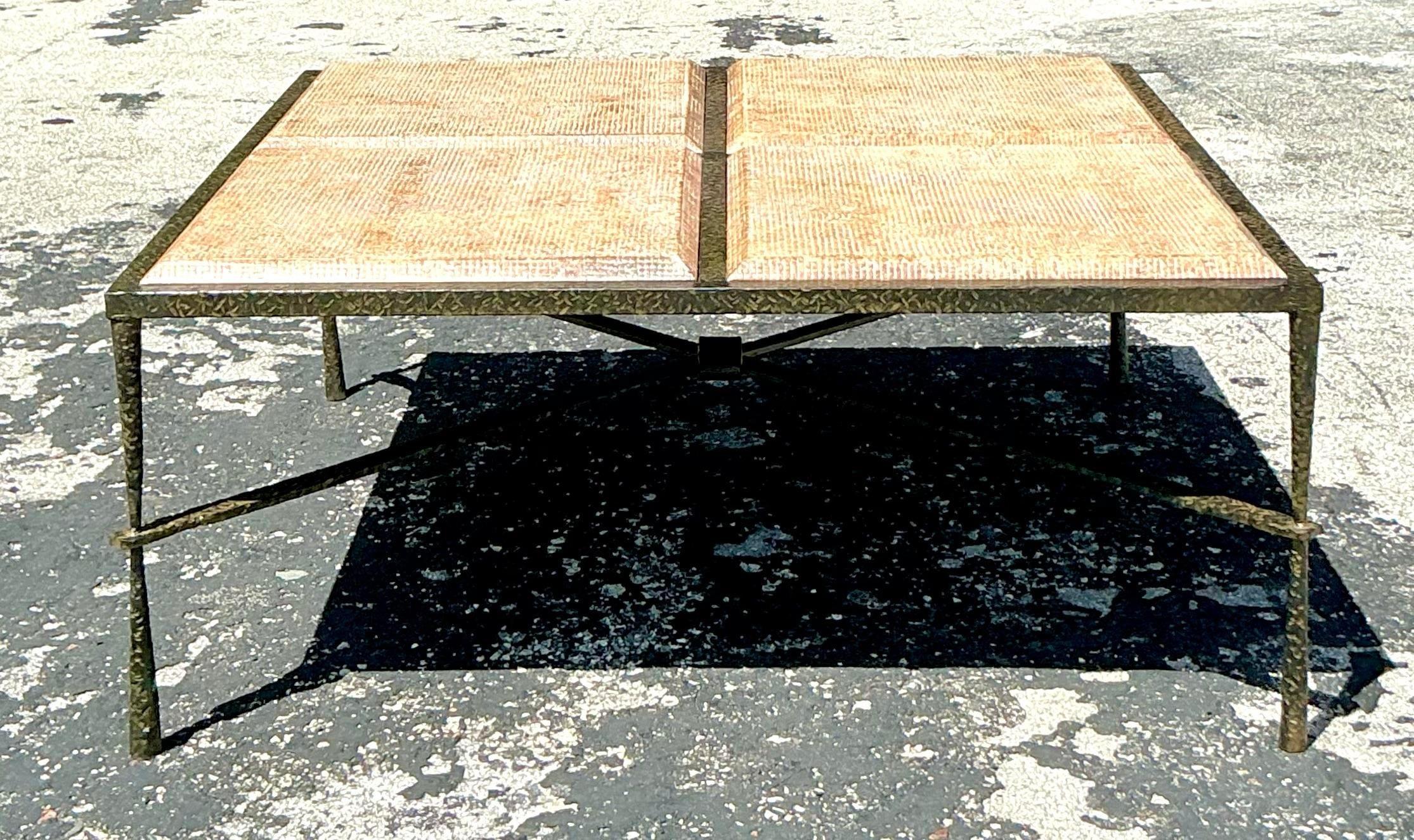 Vintage Boho Hammered Metal and Molded Wood Coffee Table For Sale 1