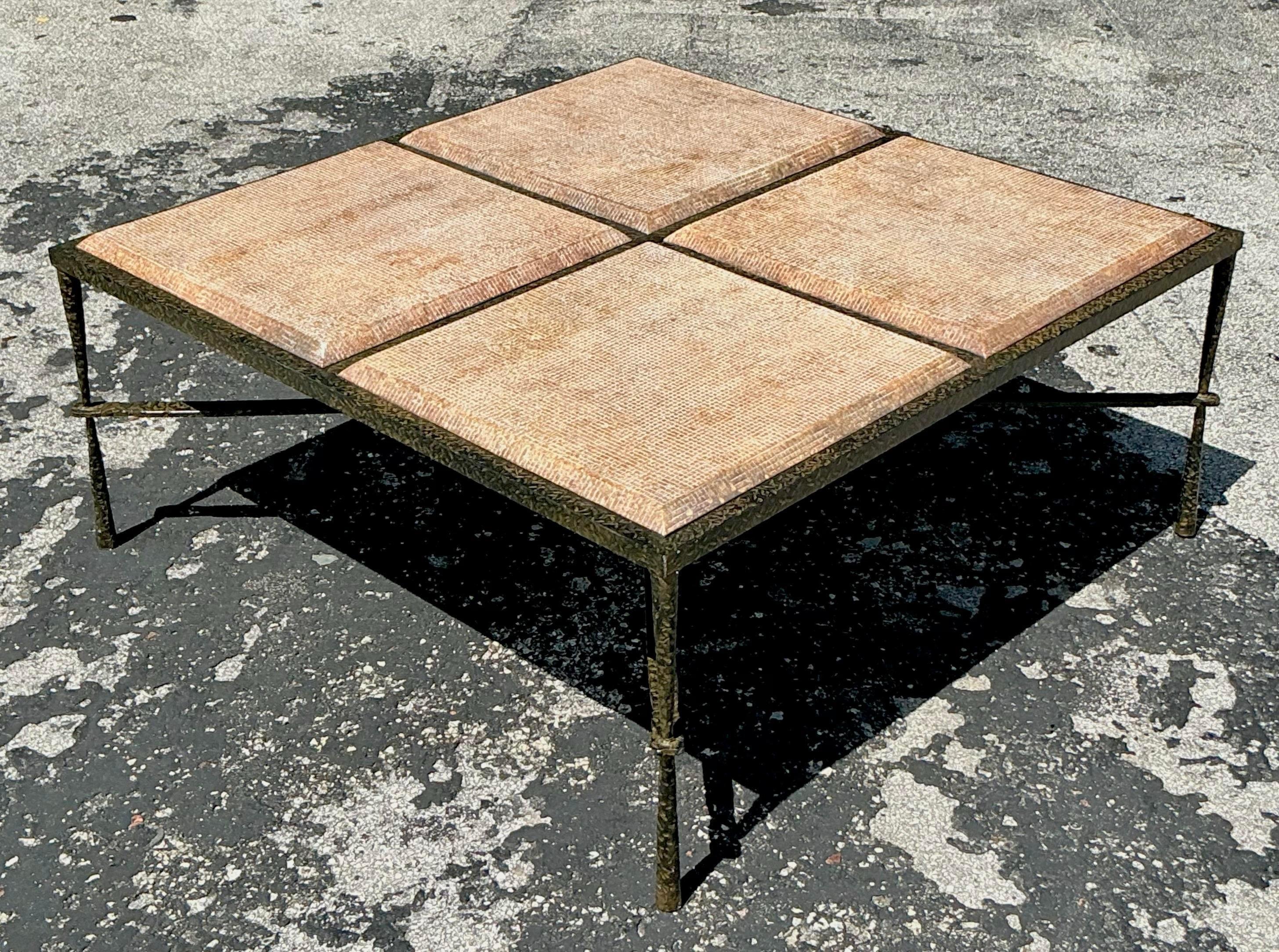 Vintage Boho Hammered Metal and Molded Wood Coffee Table For Sale 2
