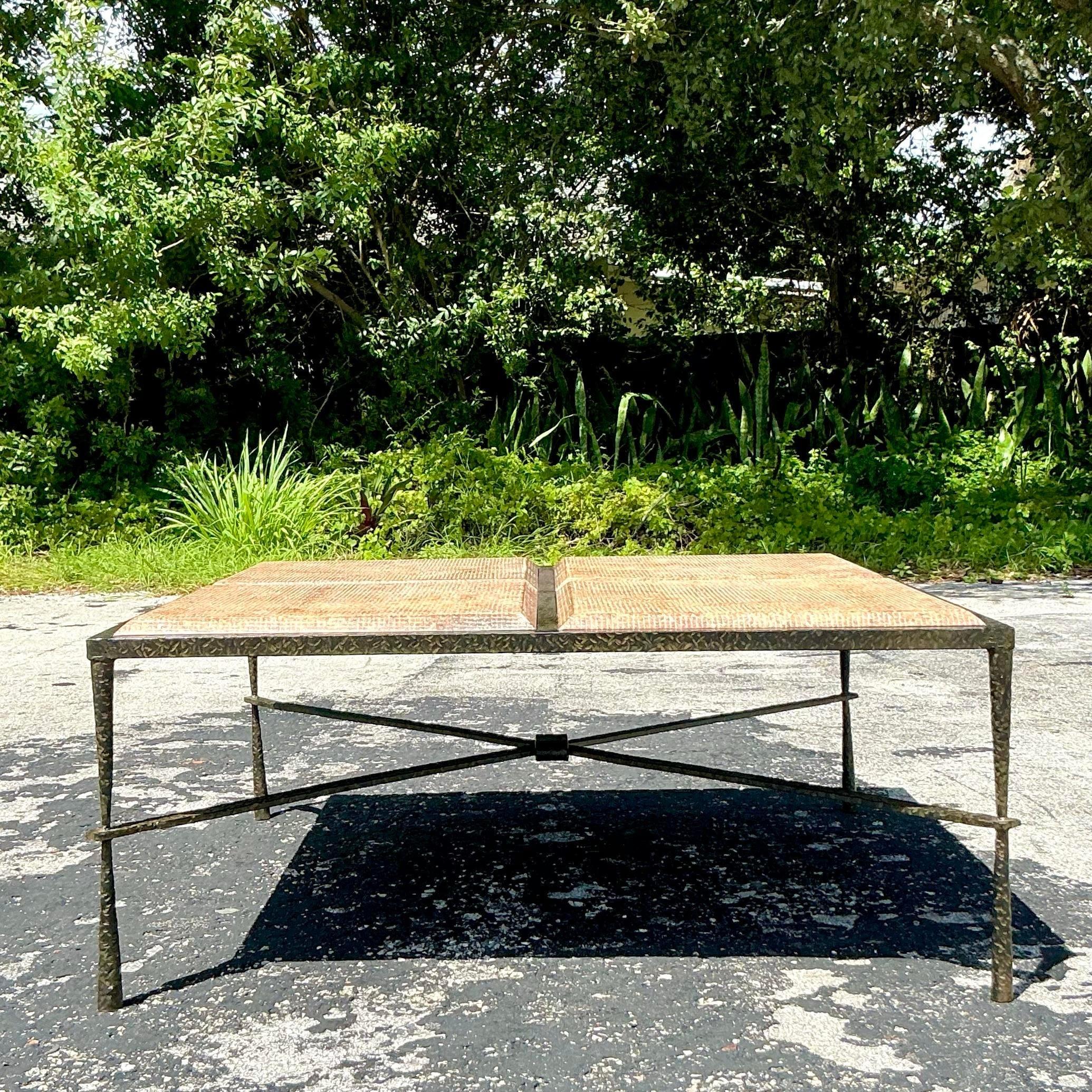 Vintage Boho Hammered Metal and Molded Wood Coffee Table For Sale 3