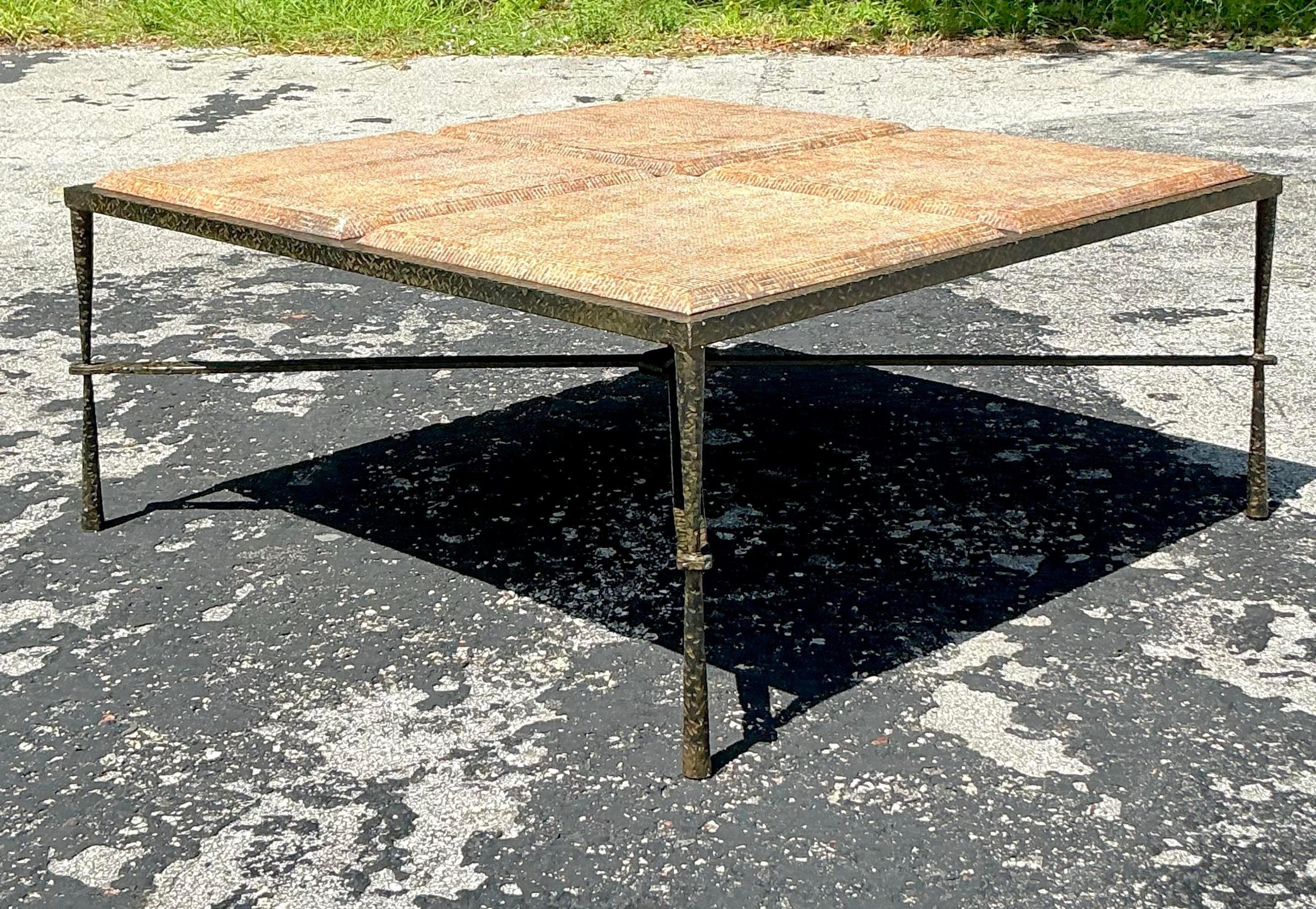Vintage Boho Hammered Metal and Molded Wood Coffee Table For Sale 4
