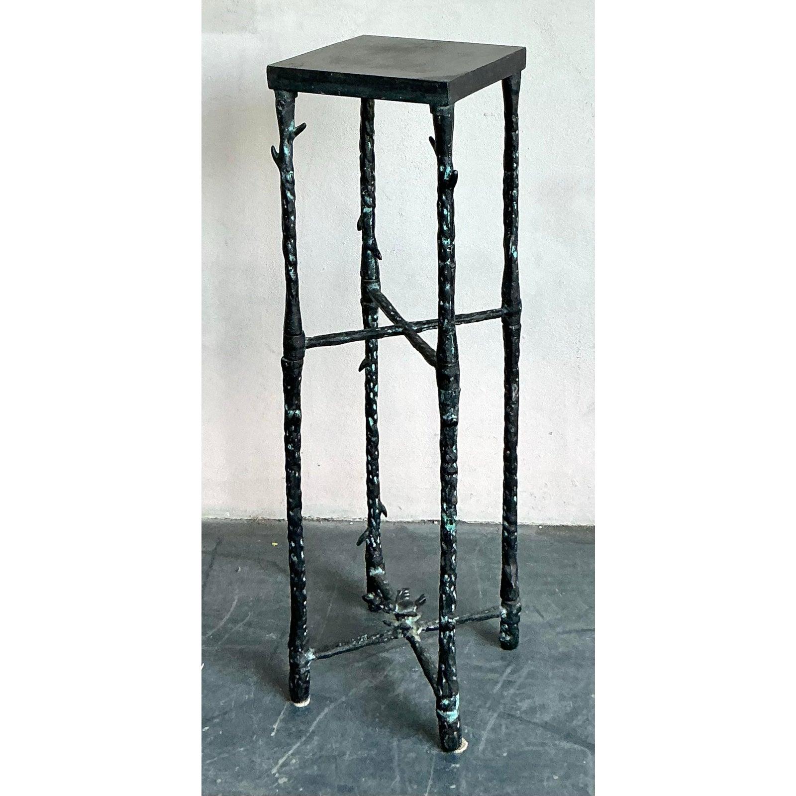 Metal Vintage Boho Hammered Pedestal After Giacometti For Sale