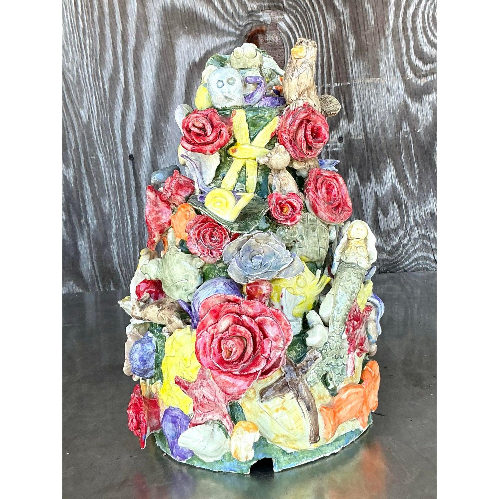 Arte popolare Totem sottomarino in ceramica vintage Boho costruito a mano in vendita