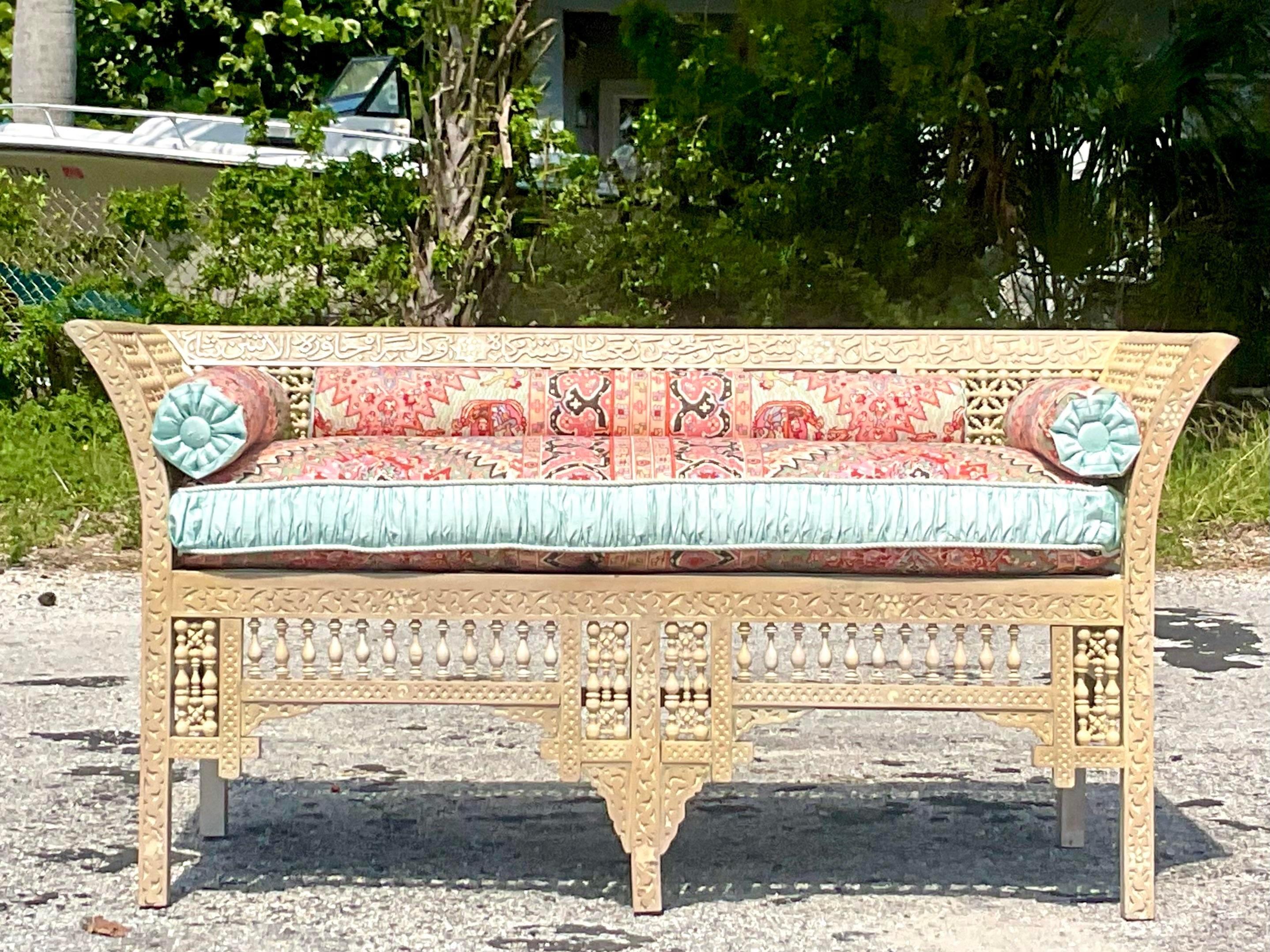 Vintage Boho Hand Carved Anglo Indian Loveseat In Good Condition In west palm beach, FL