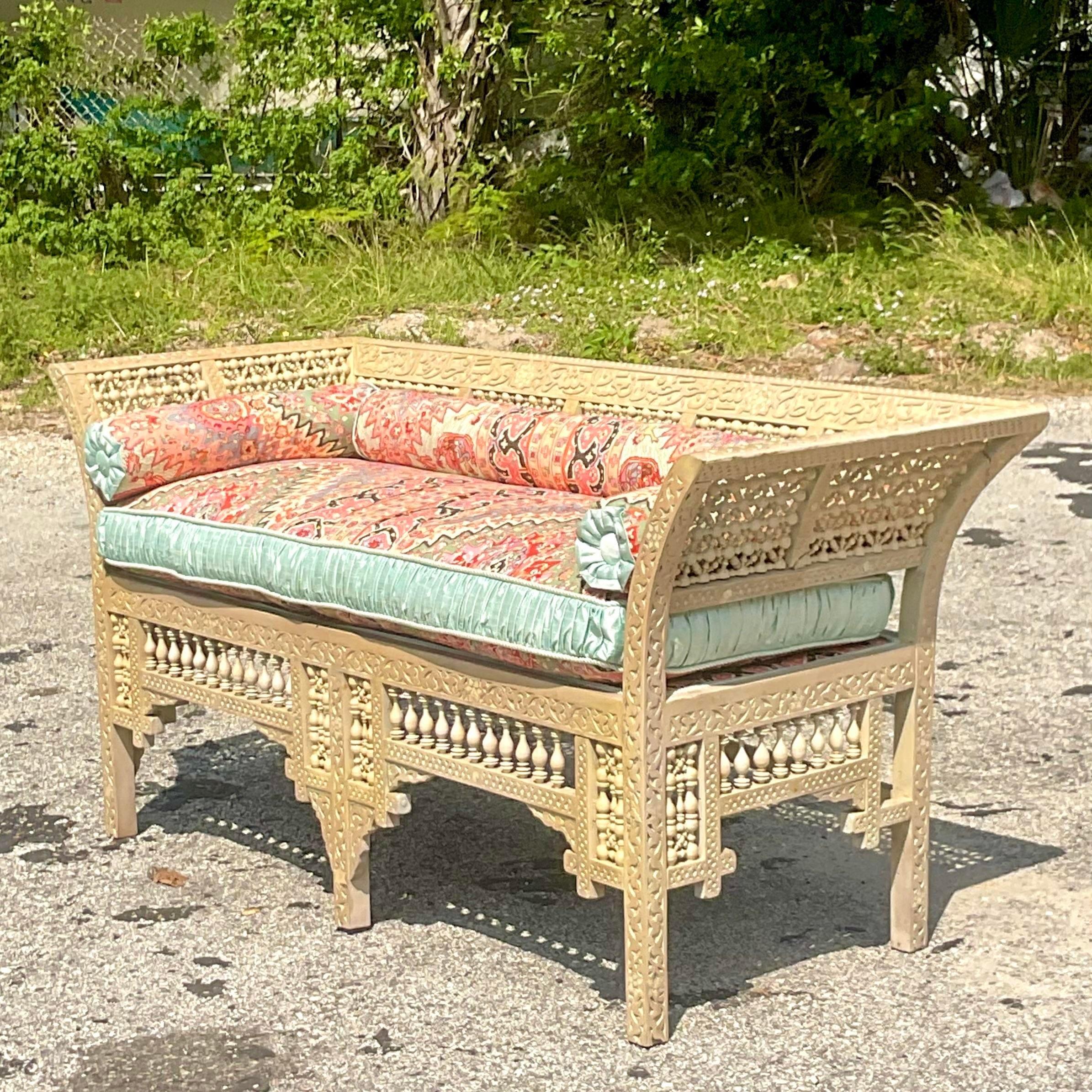 20th Century Vintage Boho Hand Carved Anglo Indian Loveseat