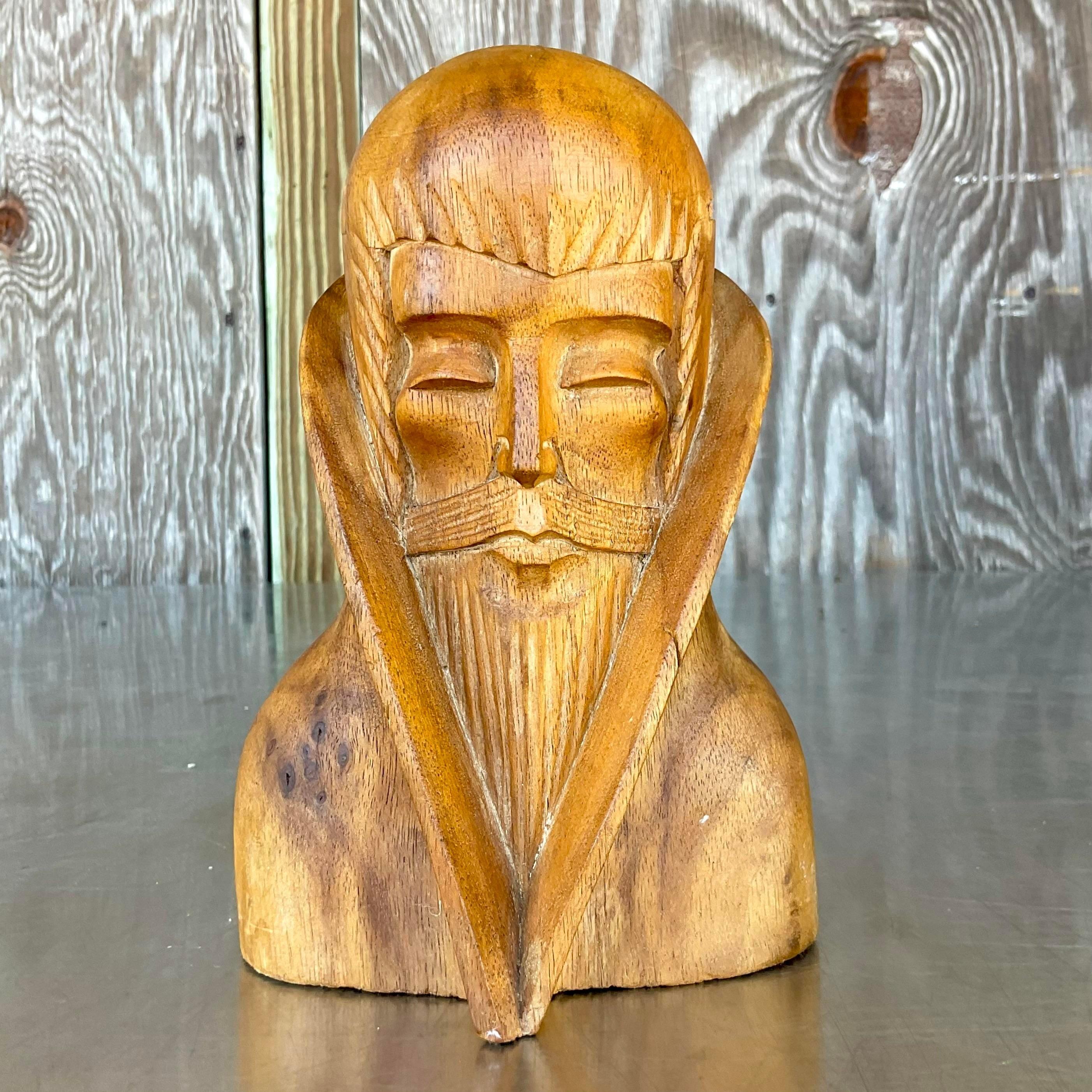 Mid-Century Modern Vintage Boho Hand Carved Bust of Man For Sale