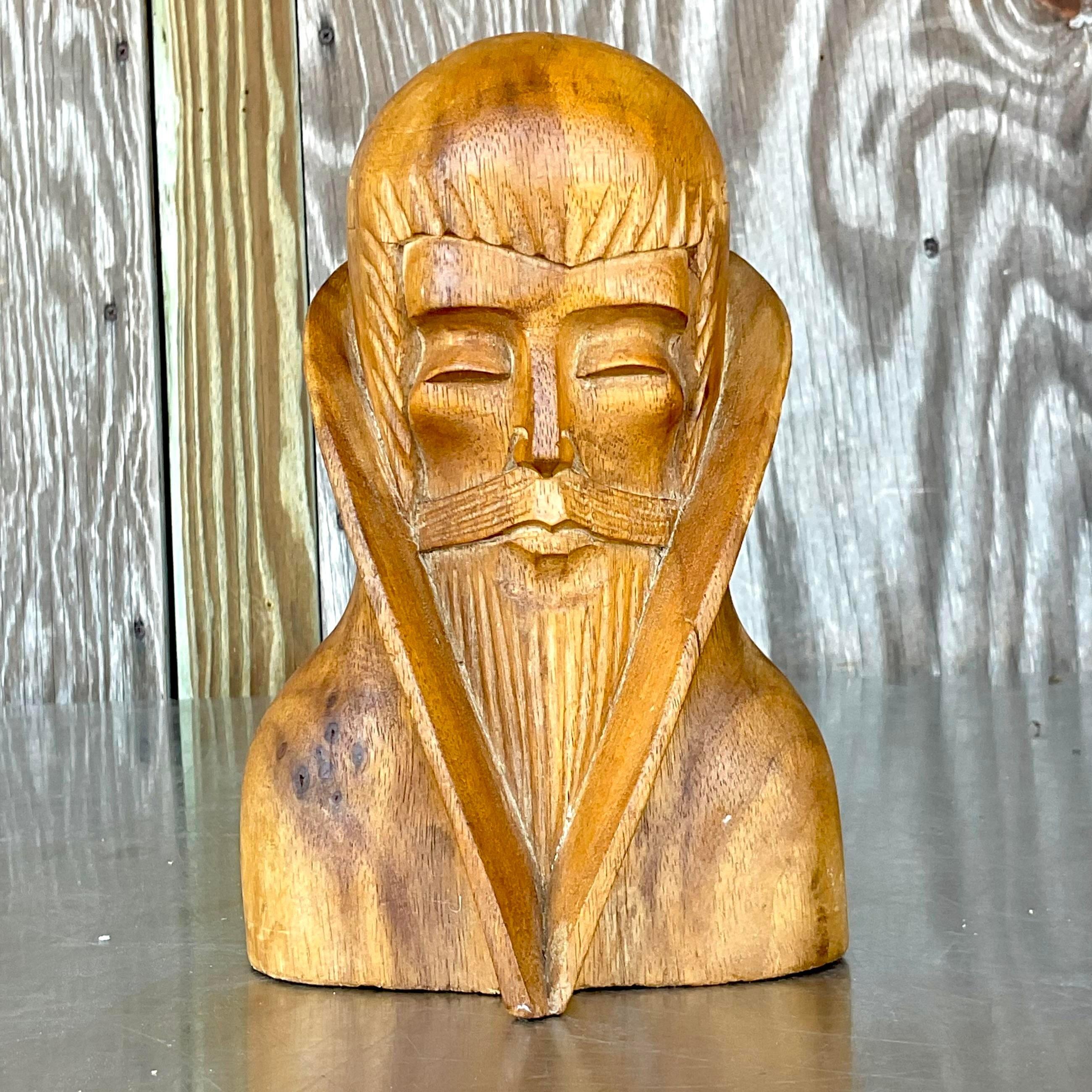 Vintage Boho Hand Carved Bust of Man In Good Condition For Sale In west palm beach, FL