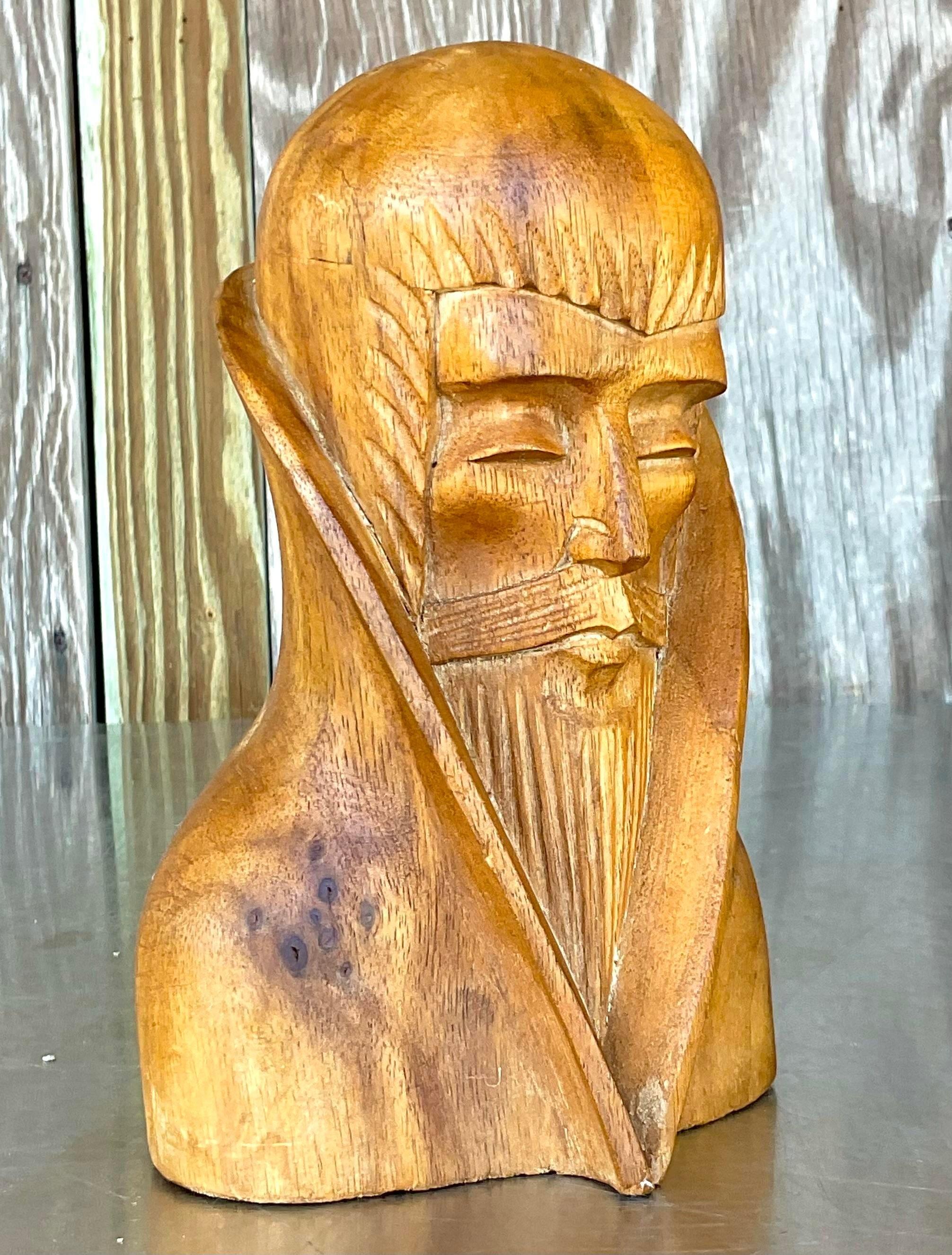 20th Century Vintage Boho Hand Carved Bust of Man For Sale
