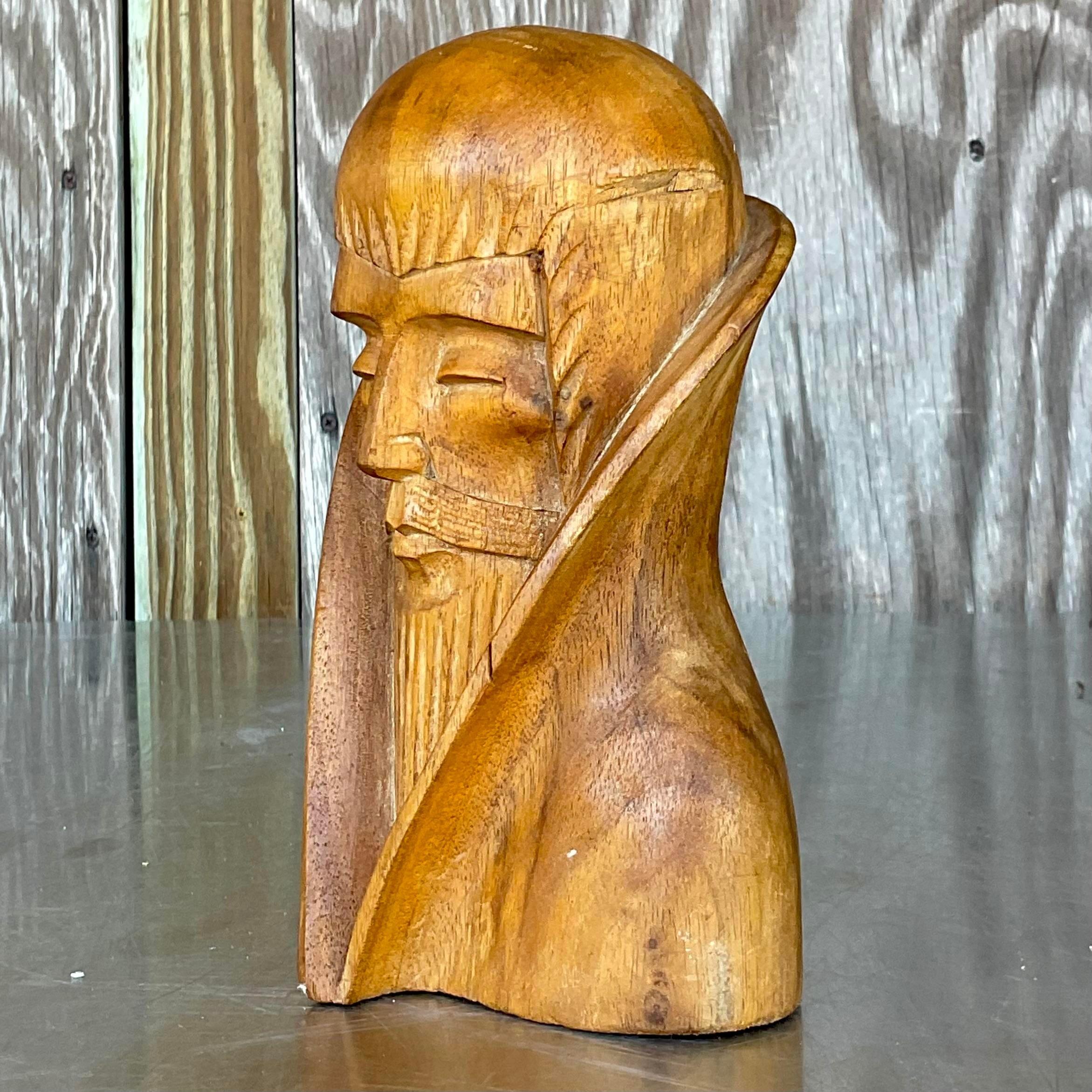 Wood Vintage Boho Hand Carved Bust of Man For Sale