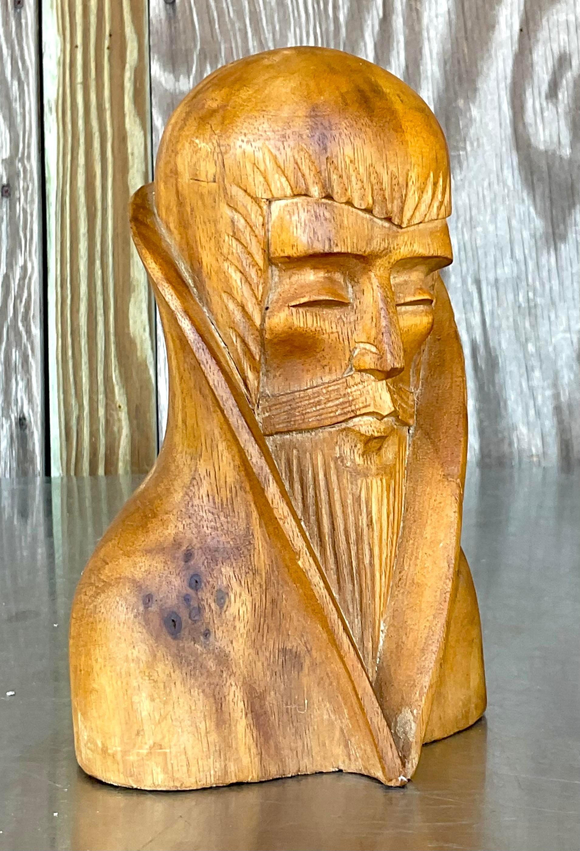 Vintage Boho Hand Carved Bust of Man For Sale 1