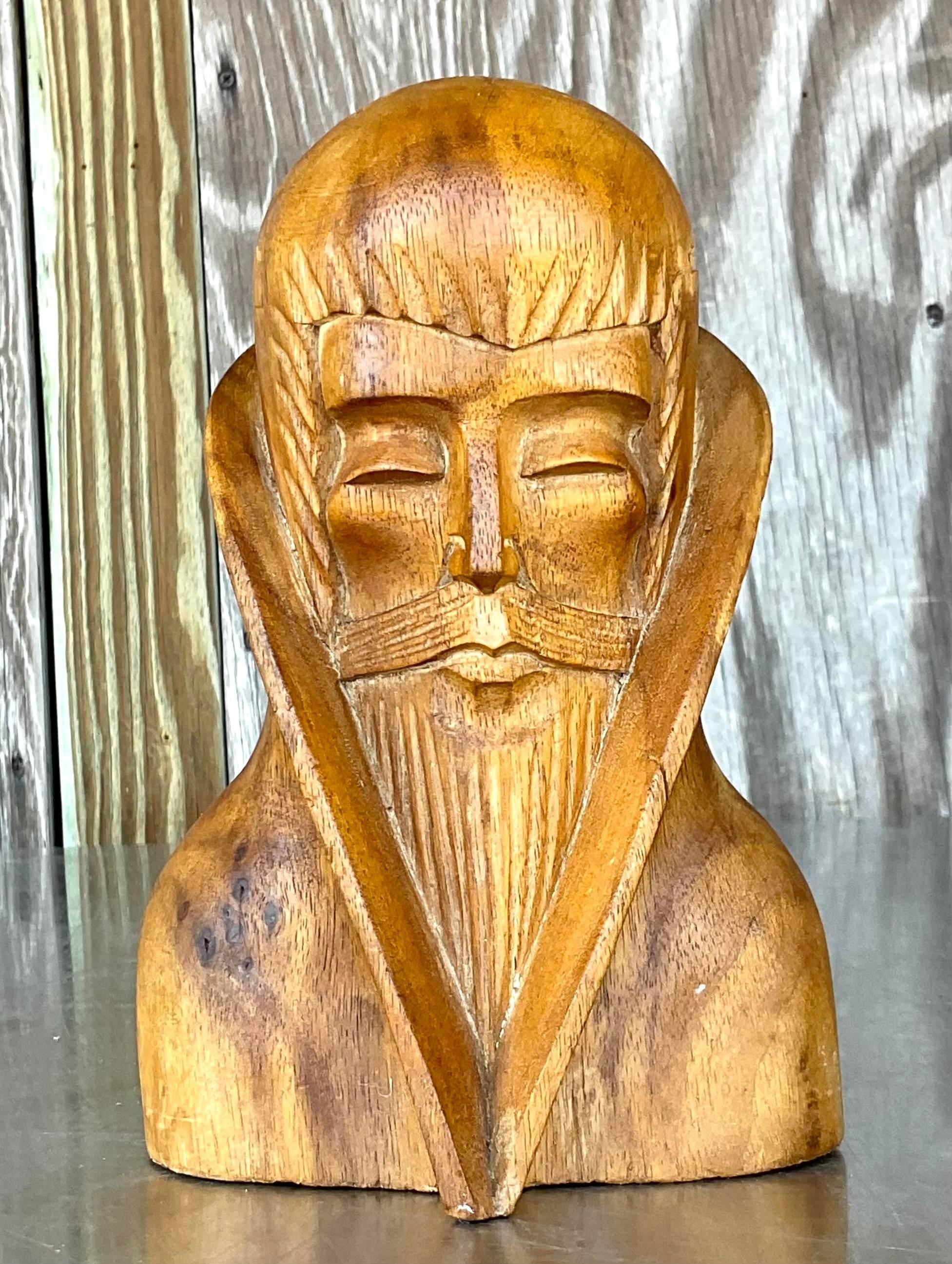 Vintage Boho Hand Carved Bust of Man For Sale 2