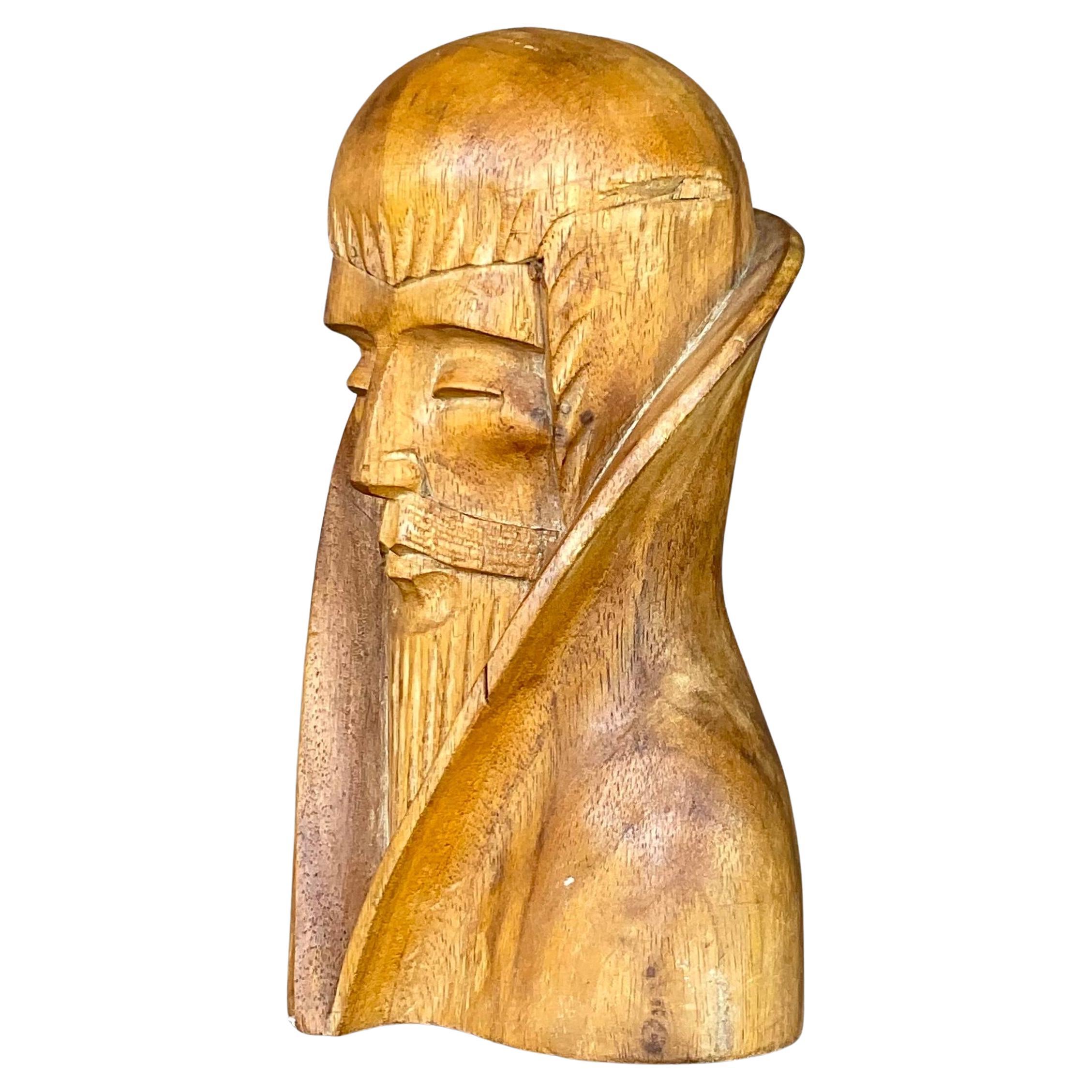 Vintage Boho Hand Carved Bust of Man For Sale