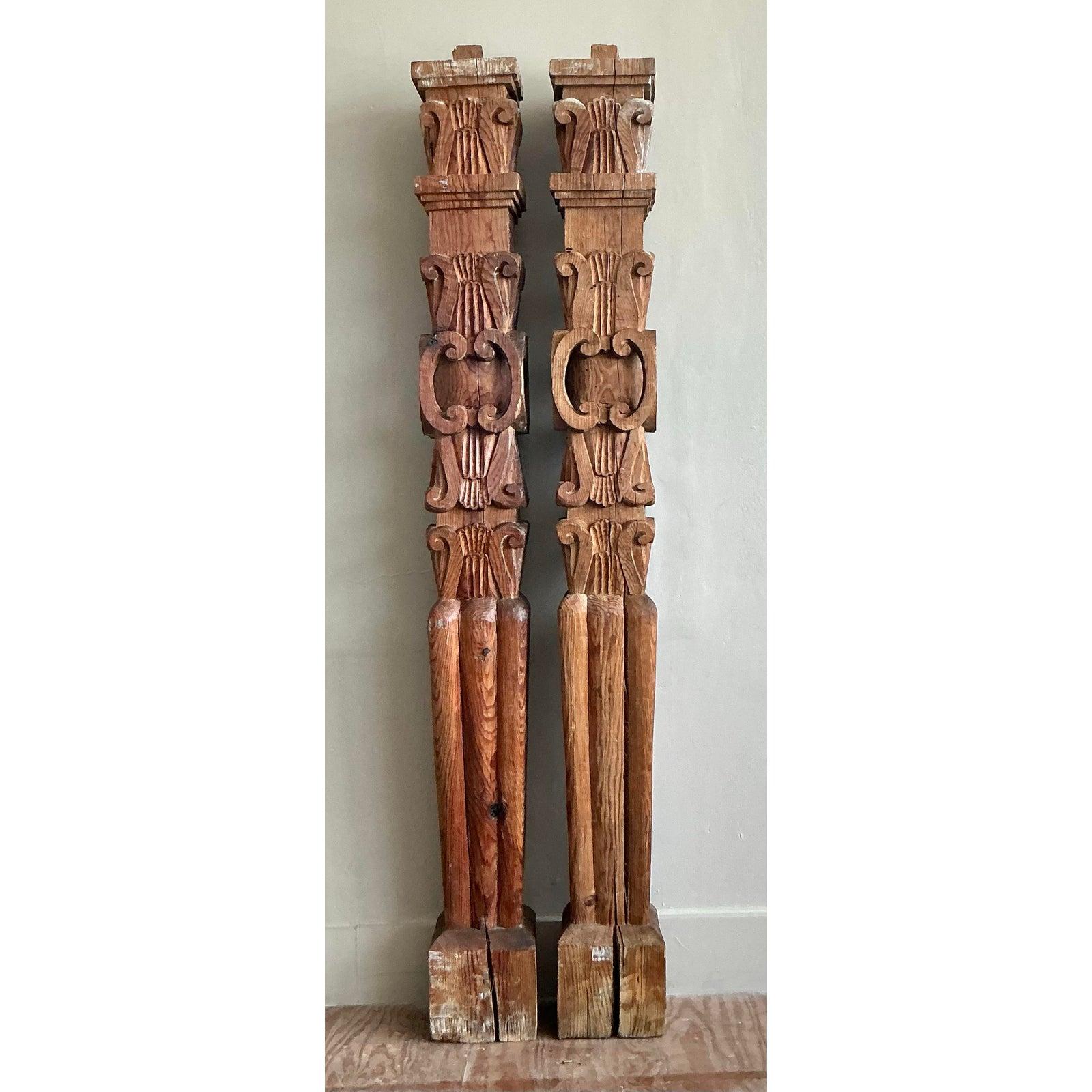 Vintage Boho Hand Carved Columns - A Pair For Sale 3