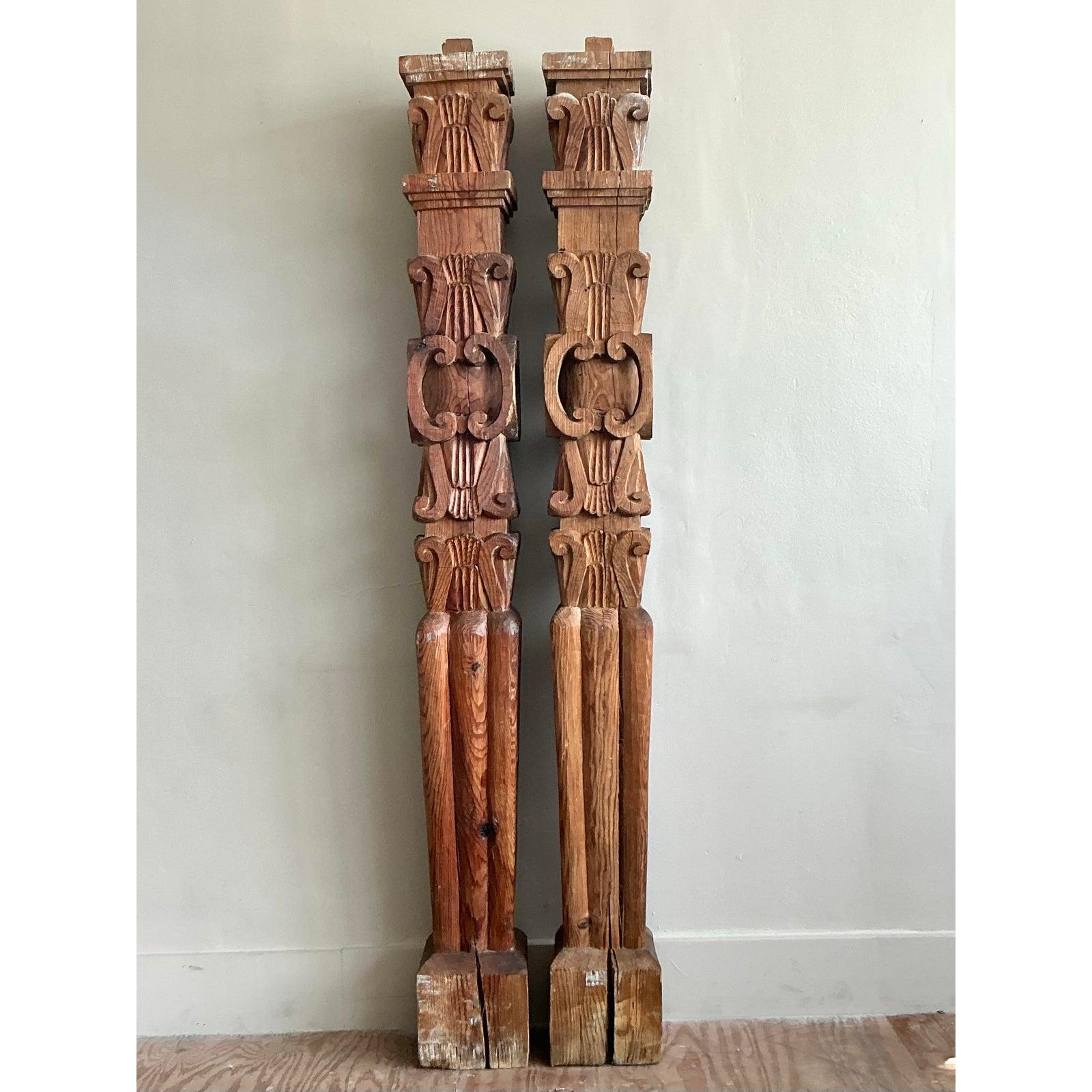 Folk Art Vintage Boho Hand Carved Columns - A Pair For Sale