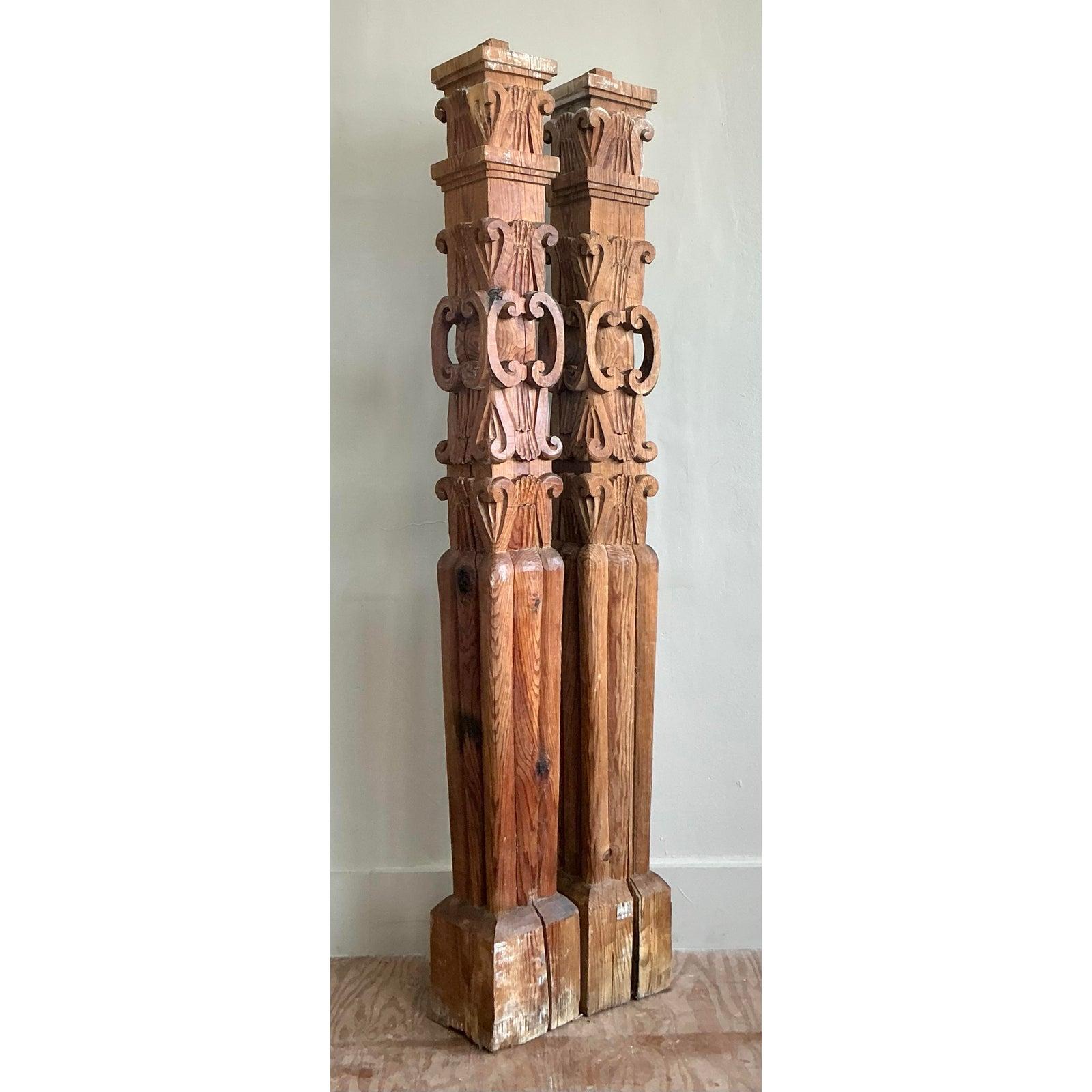 Indonesian Vintage Boho Hand Carved Columns - A Pair For Sale