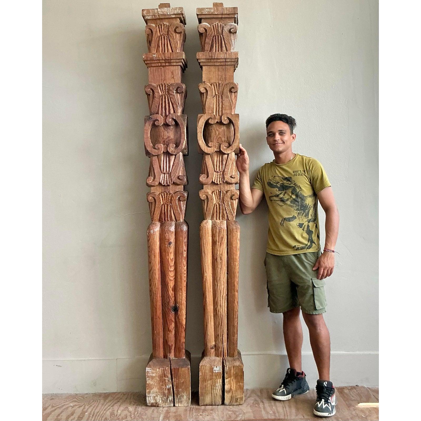 Vintage Boho Hand Carved Columns - A Pair In Good Condition For Sale In West Palm Beach, FL