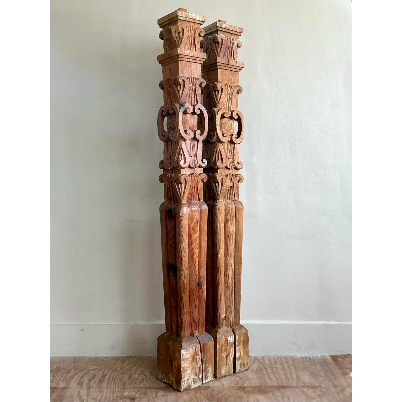 20th Century Vintage Boho Hand Carved Columns - A Pair For Sale