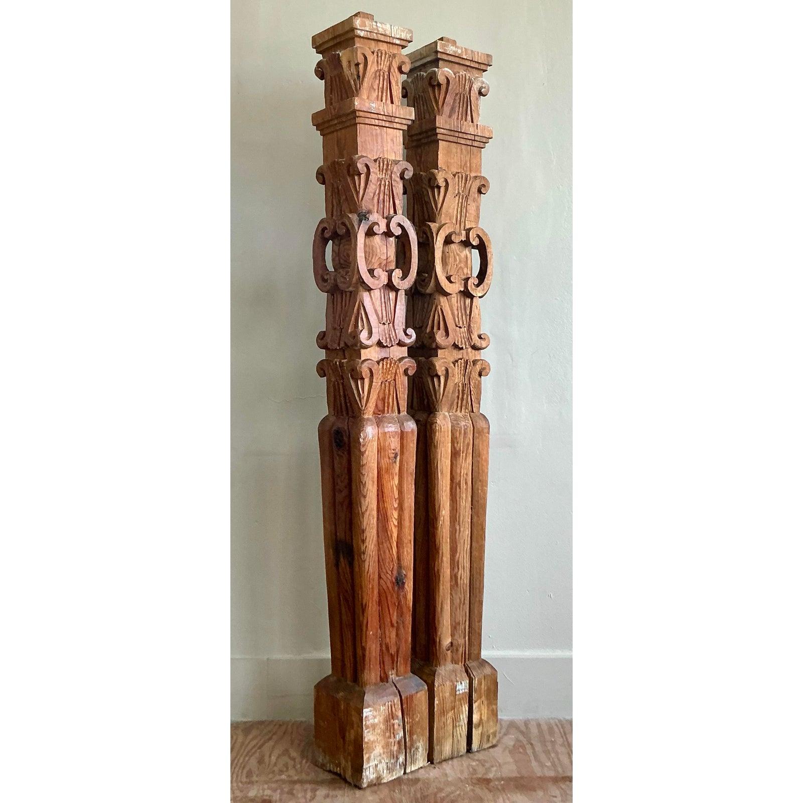 Pine Vintage Boho Hand Carved Columns - A Pair For Sale