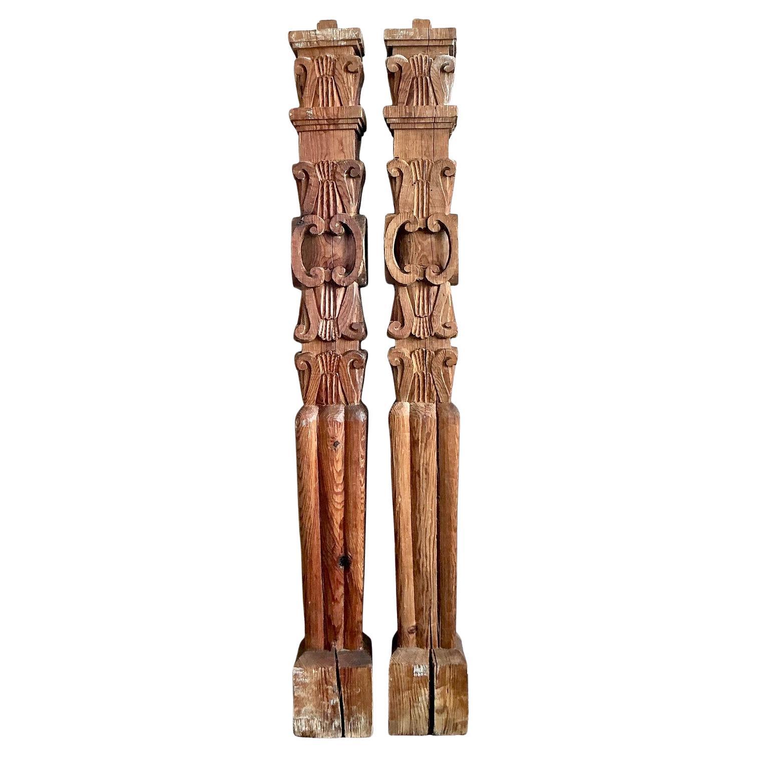 Vintage Boho Hand Carved Columns - A Pair For Sale