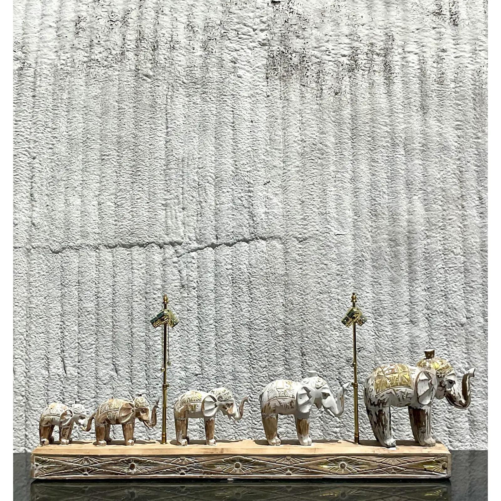 North American Vintage Boho Hand Carved Elephant Walk Long Lamp