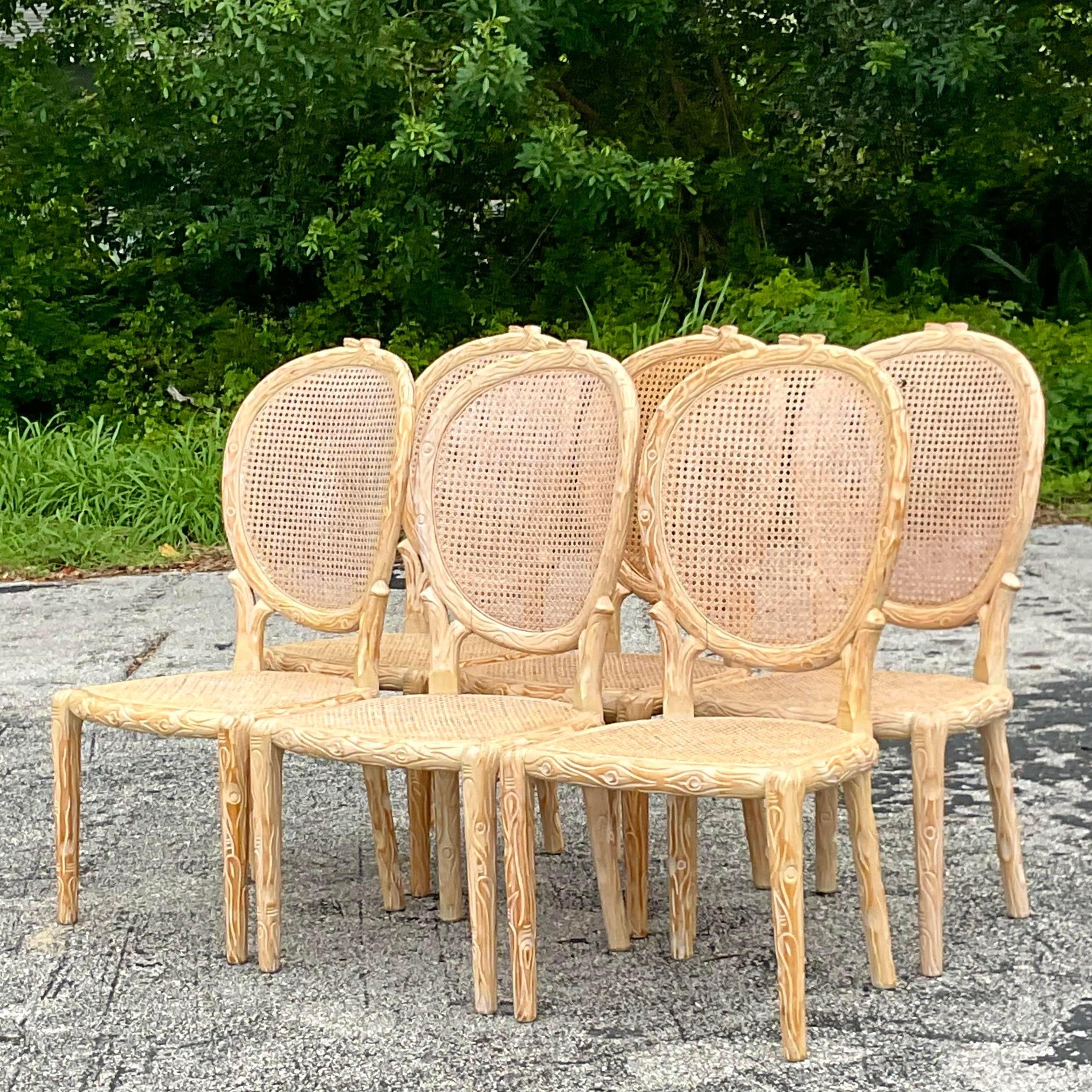 Vintage Boho Hand Carved Faux Bois Cane Dining Chairs - Set of 6 For Sale 2