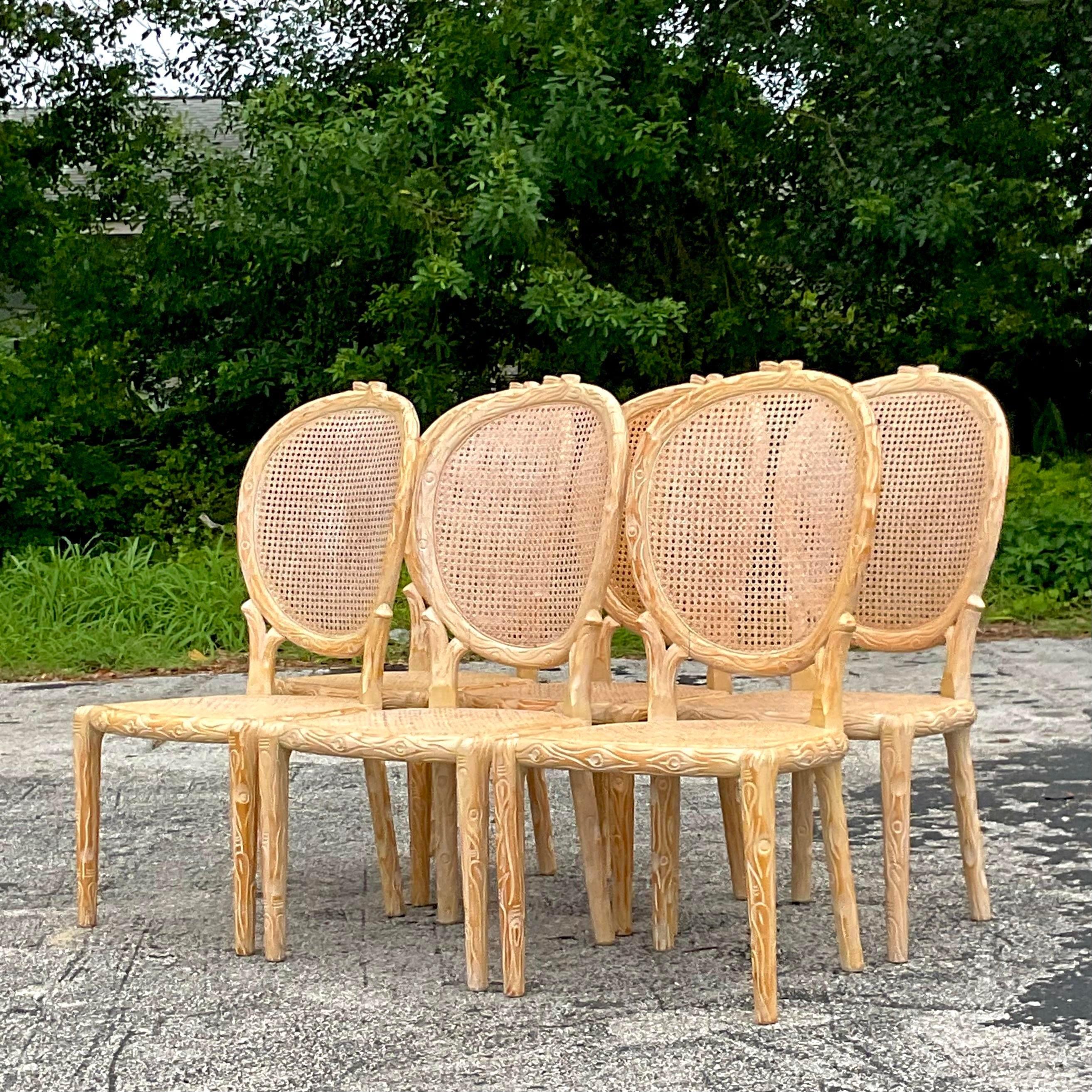 American Vintage Boho Hand Carved Faux Bois Cane Dining Chairs - Set of 6 For Sale