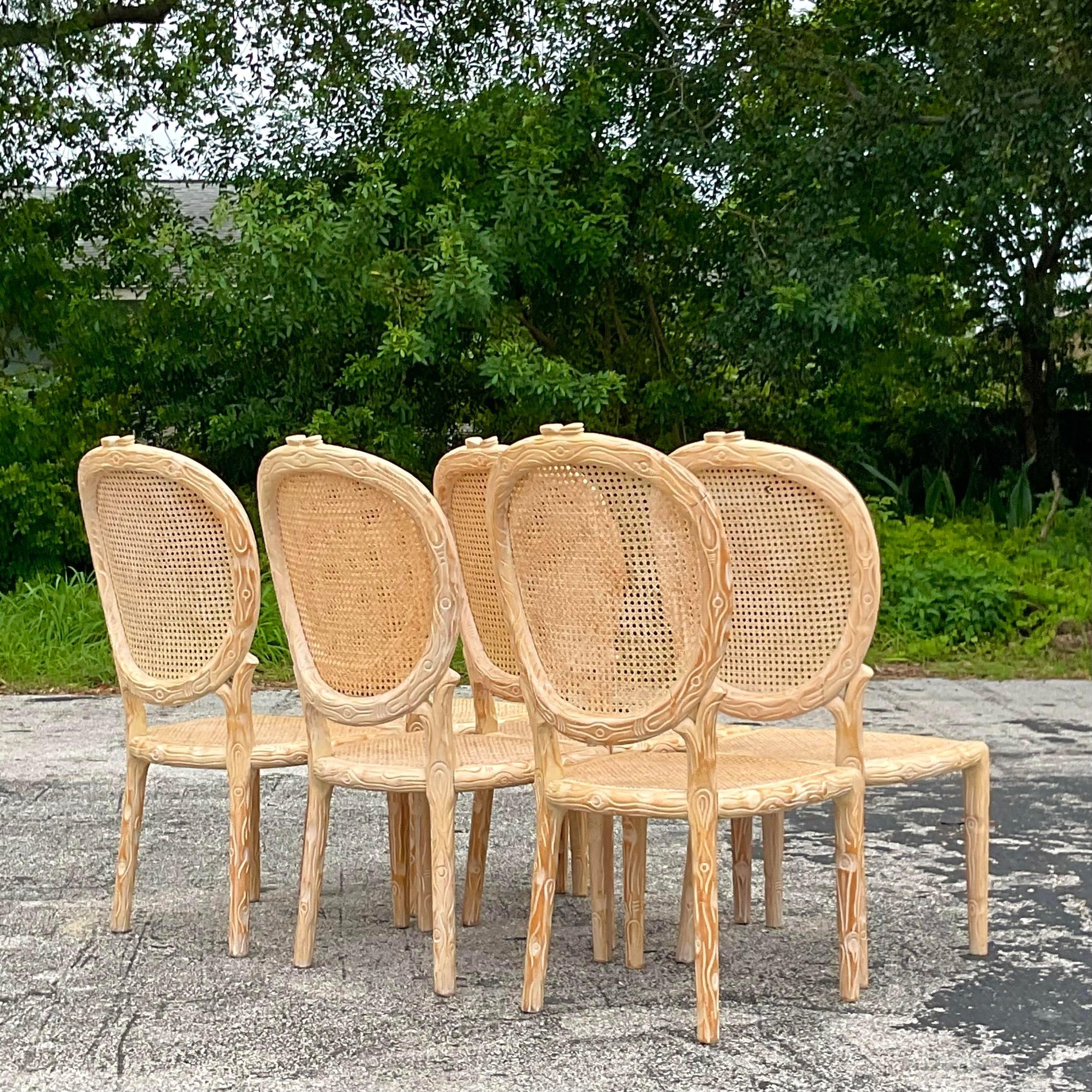20th Century Vintage Boho Hand Carved Faux Bois Cane Dining Chairs - Set of 6 For Sale