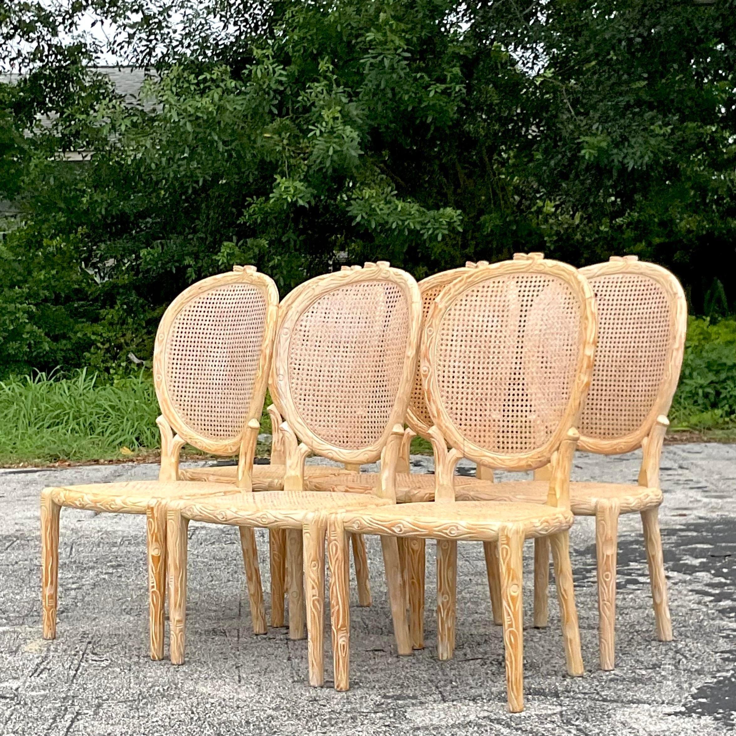Rattan Vintage Boho Hand Carved Faux Bois Cane Dining Chairs - Set of 6 For Sale