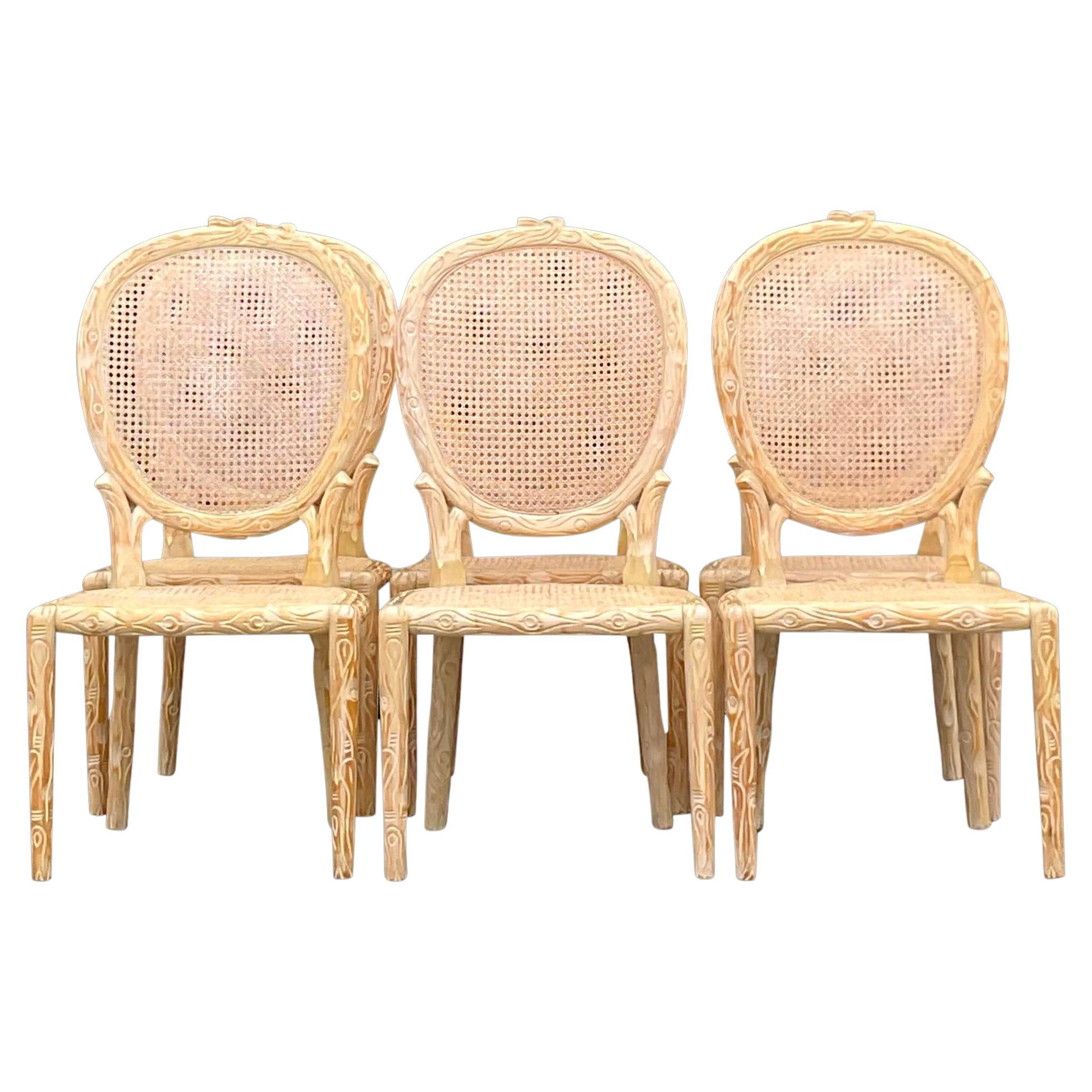 Vintage Boho Hand Carved Faux Bois Cane Dining Chairs - Set of 6 For Sale