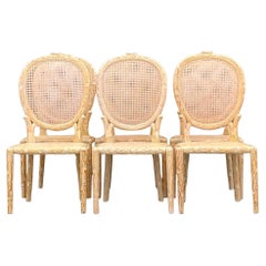 Vintage Boho Hand Carved Faux Bois Cane Dining Chairs - Set of 6