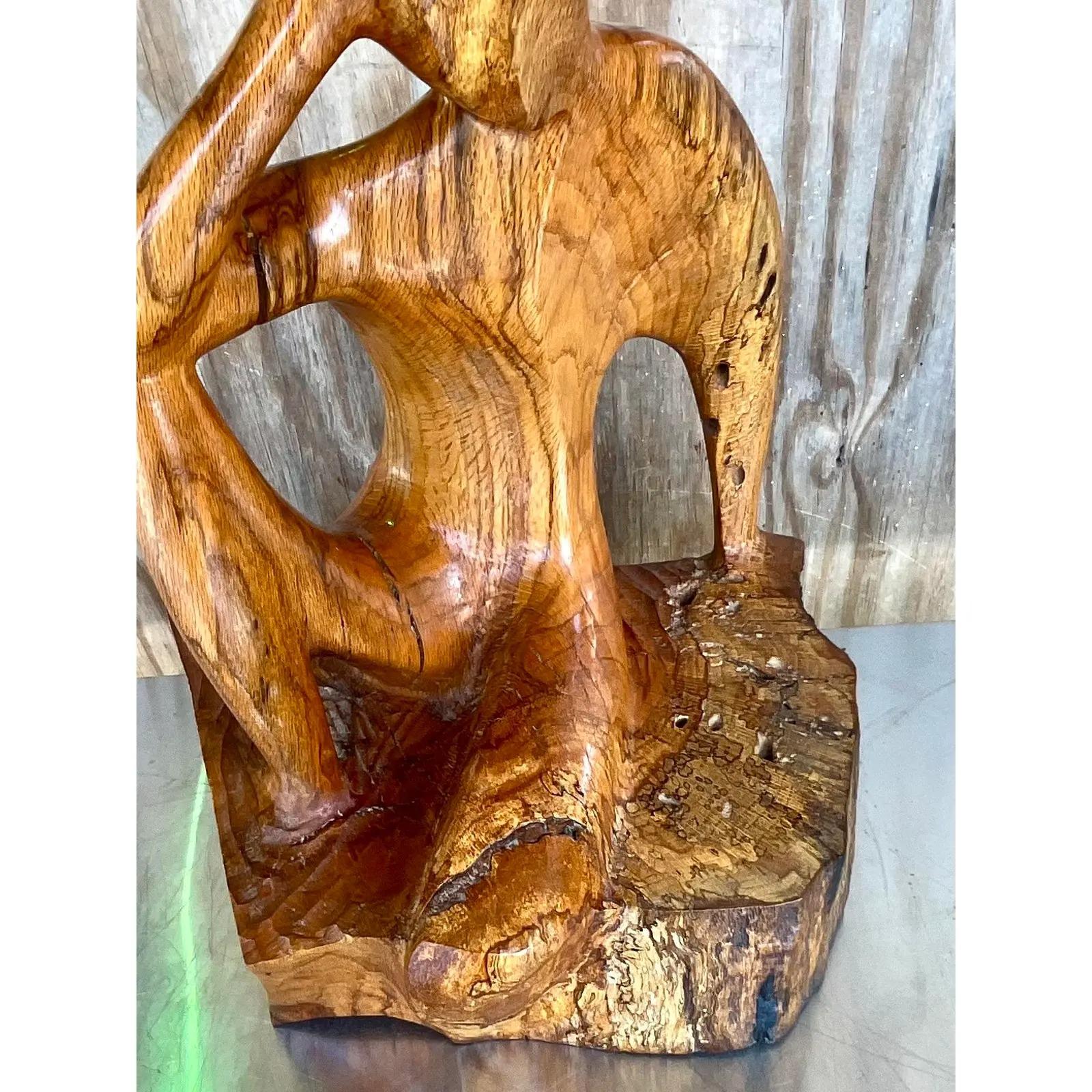 Fantastic vintage Boho wooden sculpture. A chic composition of an abstract figure. Solid wood. Acquired from a Palm Beach estate.