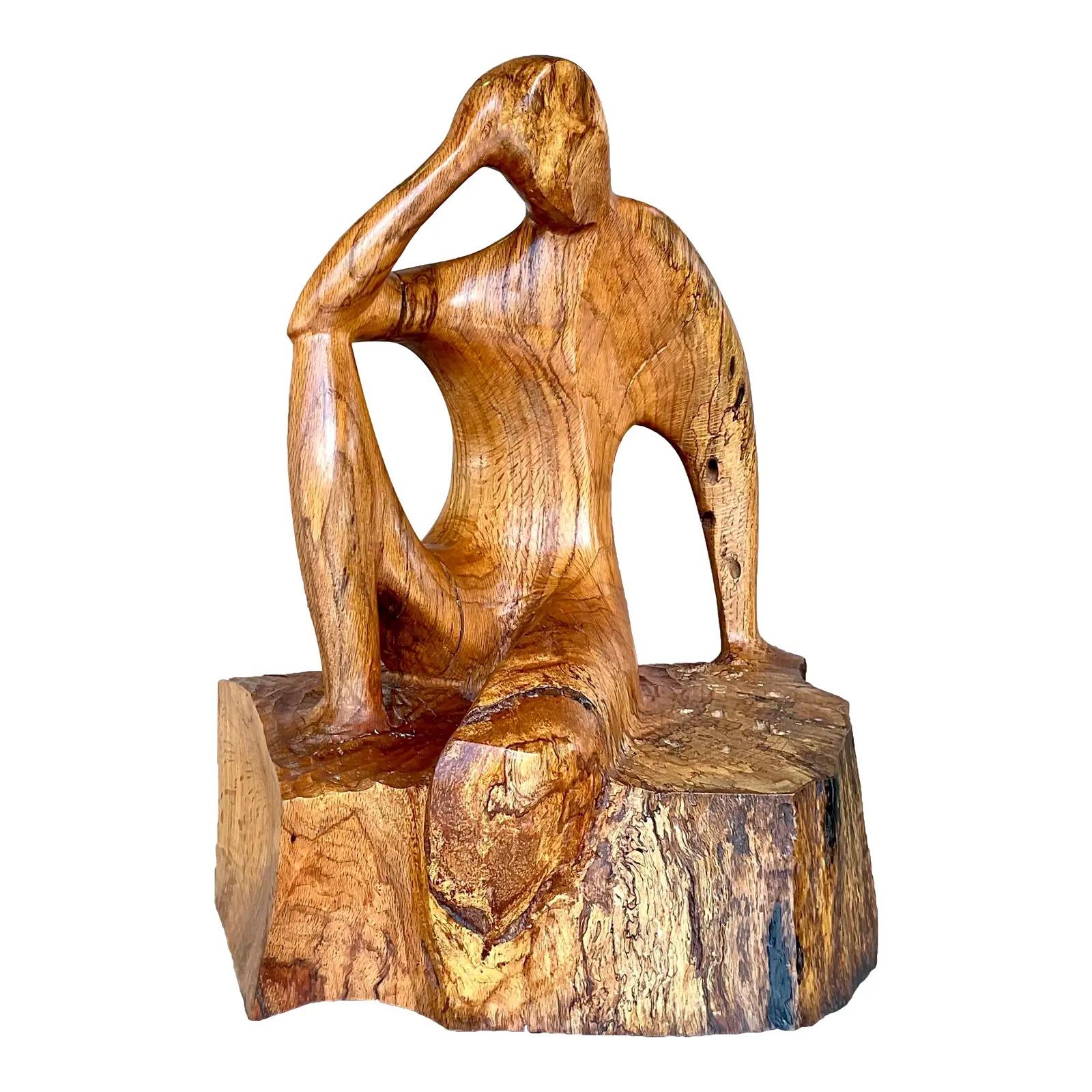 North American Vintage Boho Hand Carved Figural Sculpture