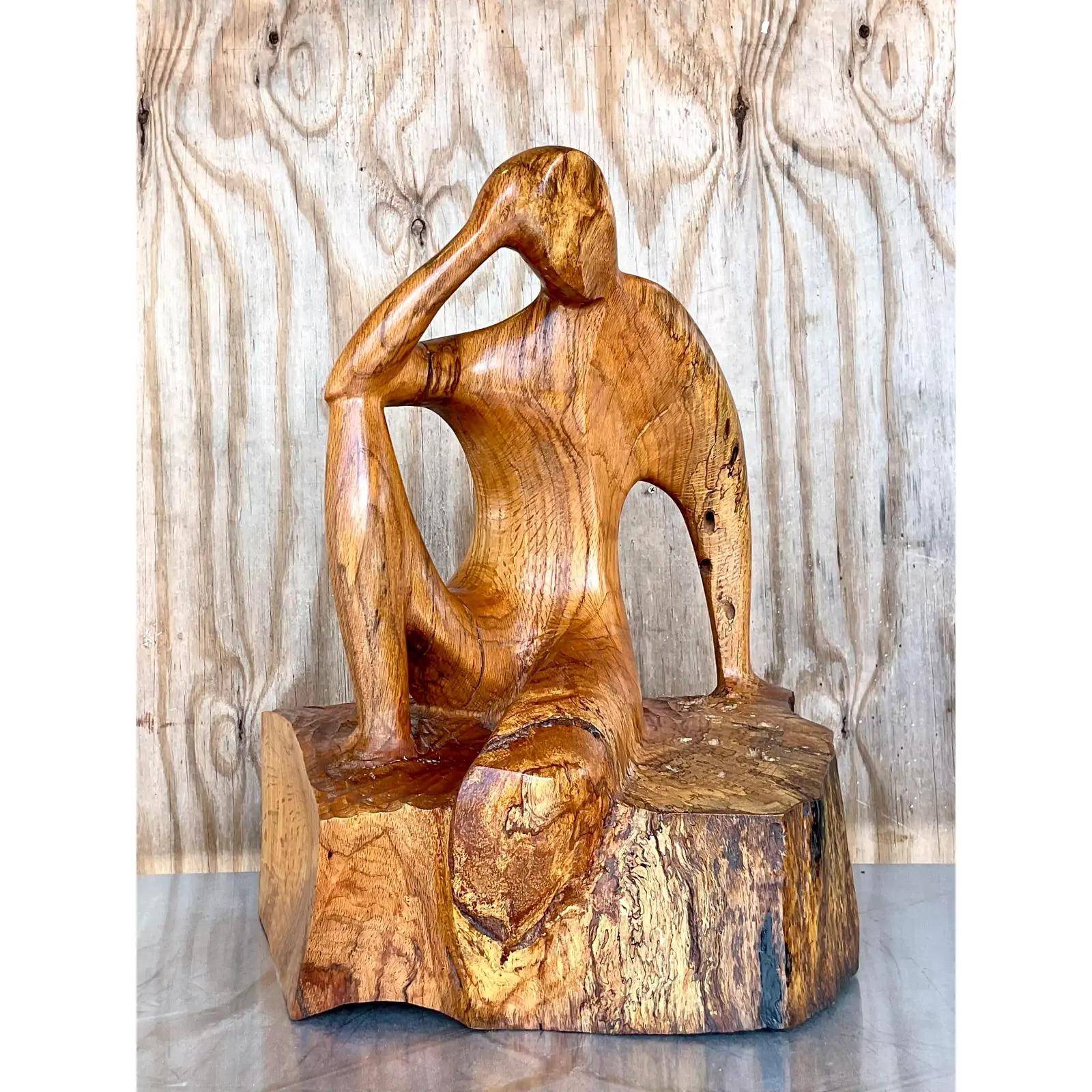 Vintage Boho Hand Carved Figural Sculpture In Good Condition In west palm beach, FL