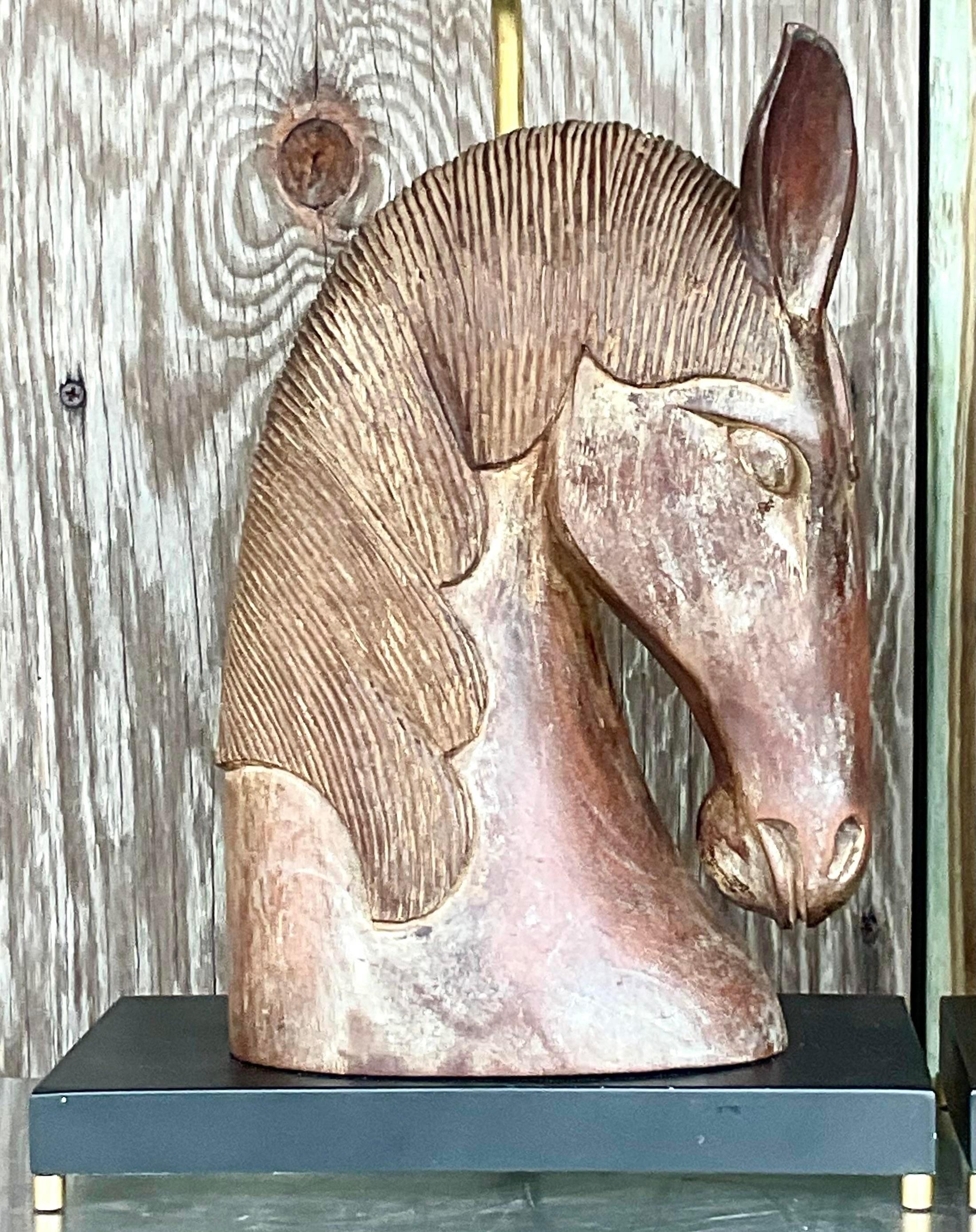 Américain Paire de lampes vintage Boho à tête de cheval sculptées à la main en vente