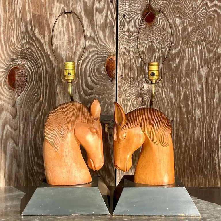 Vintage Boho Hand Carved Horse Head Lamps a Pair For Sale at 1stDibs