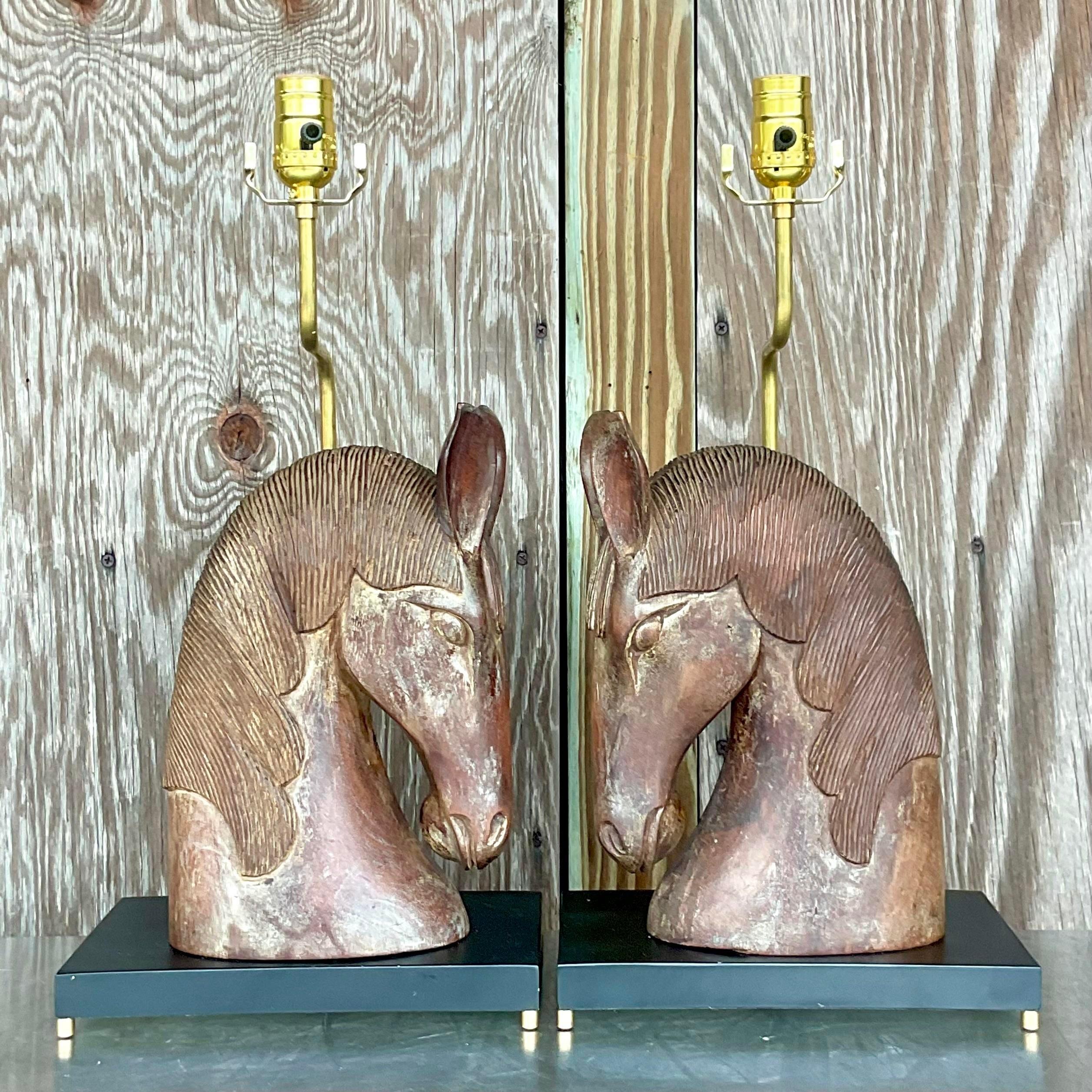 Métal Paire de lampes vintage Boho à tête de cheval sculptées à la main en vente