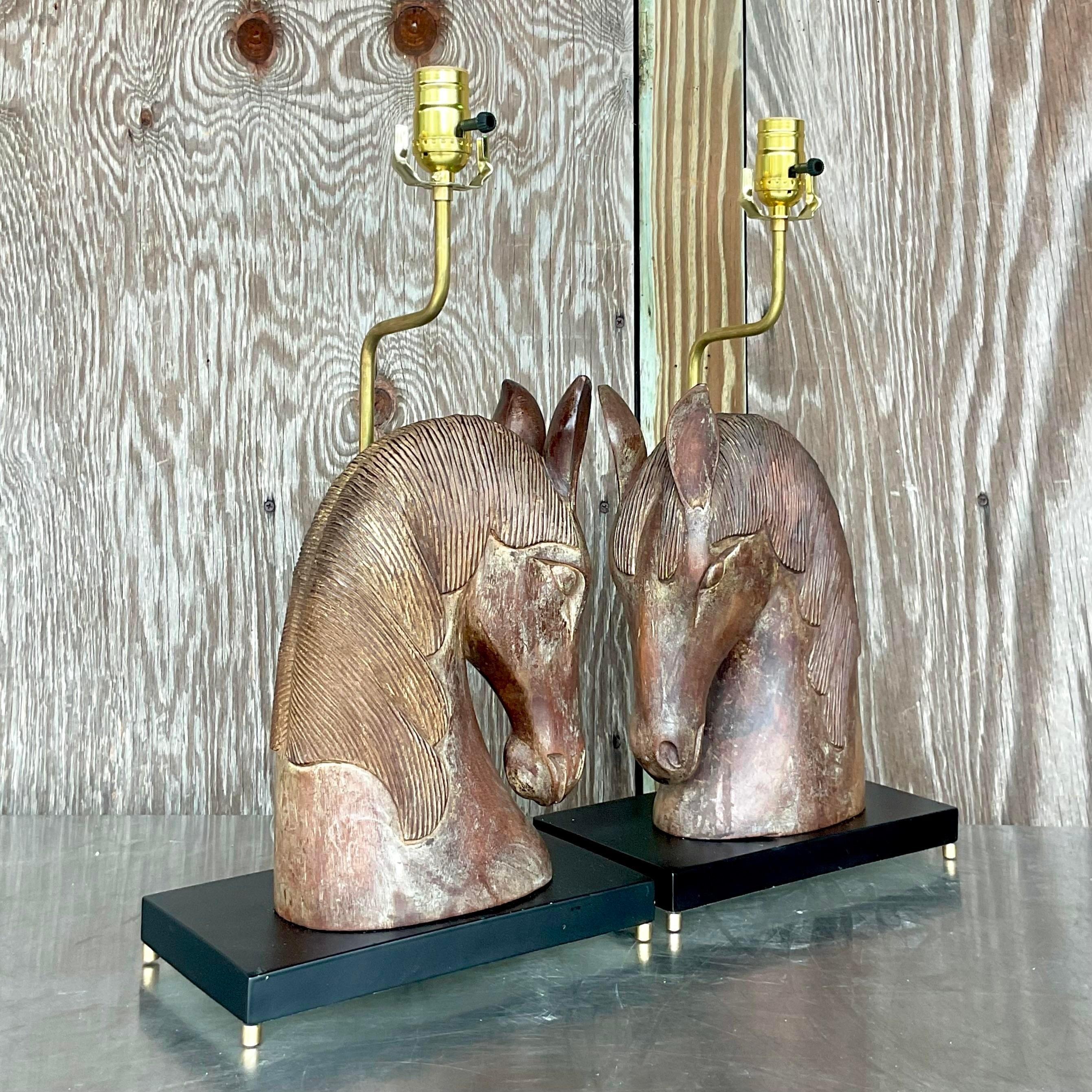 Paire de lampes vintage Boho à tête de cheval sculptées à la main en vente 1