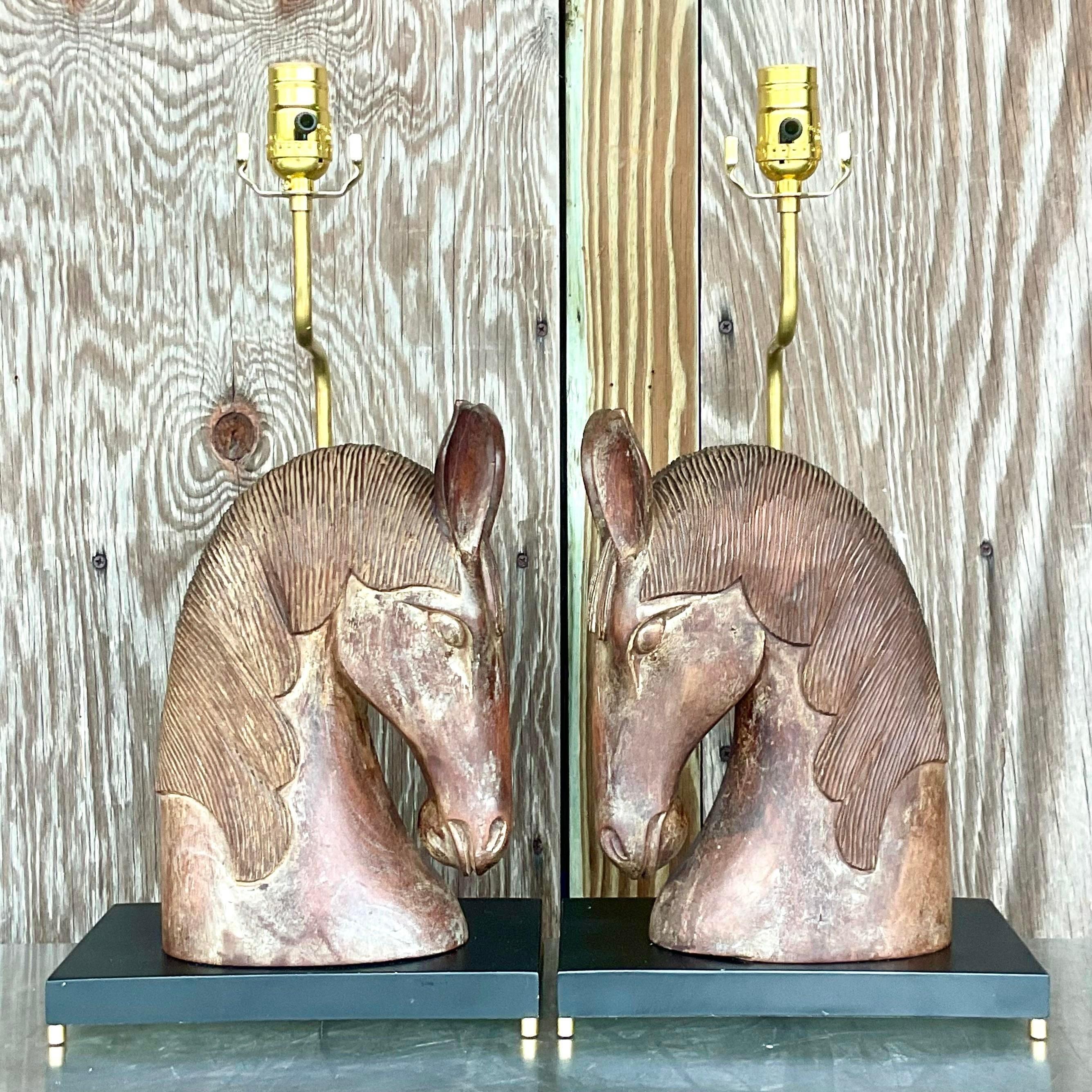 Vintage Boho Hand Carved Horse Head Lamps - a Pair For Sale 2