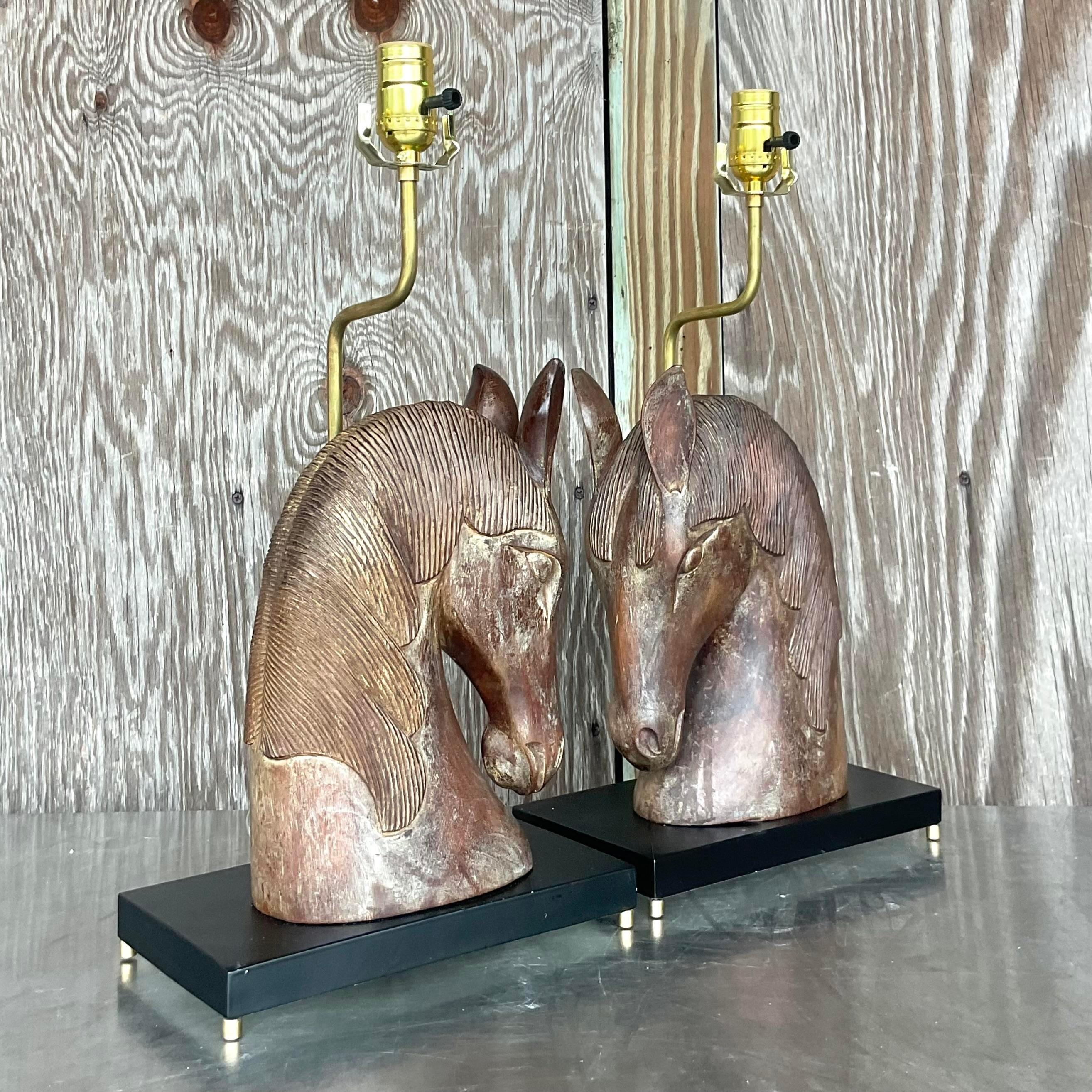 Vintage Boho Hand Carved Horse Head Lamps - a Pair For Sale 3