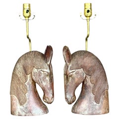 Retro Boho Hand Carved Horse Head Lamps - a Pair