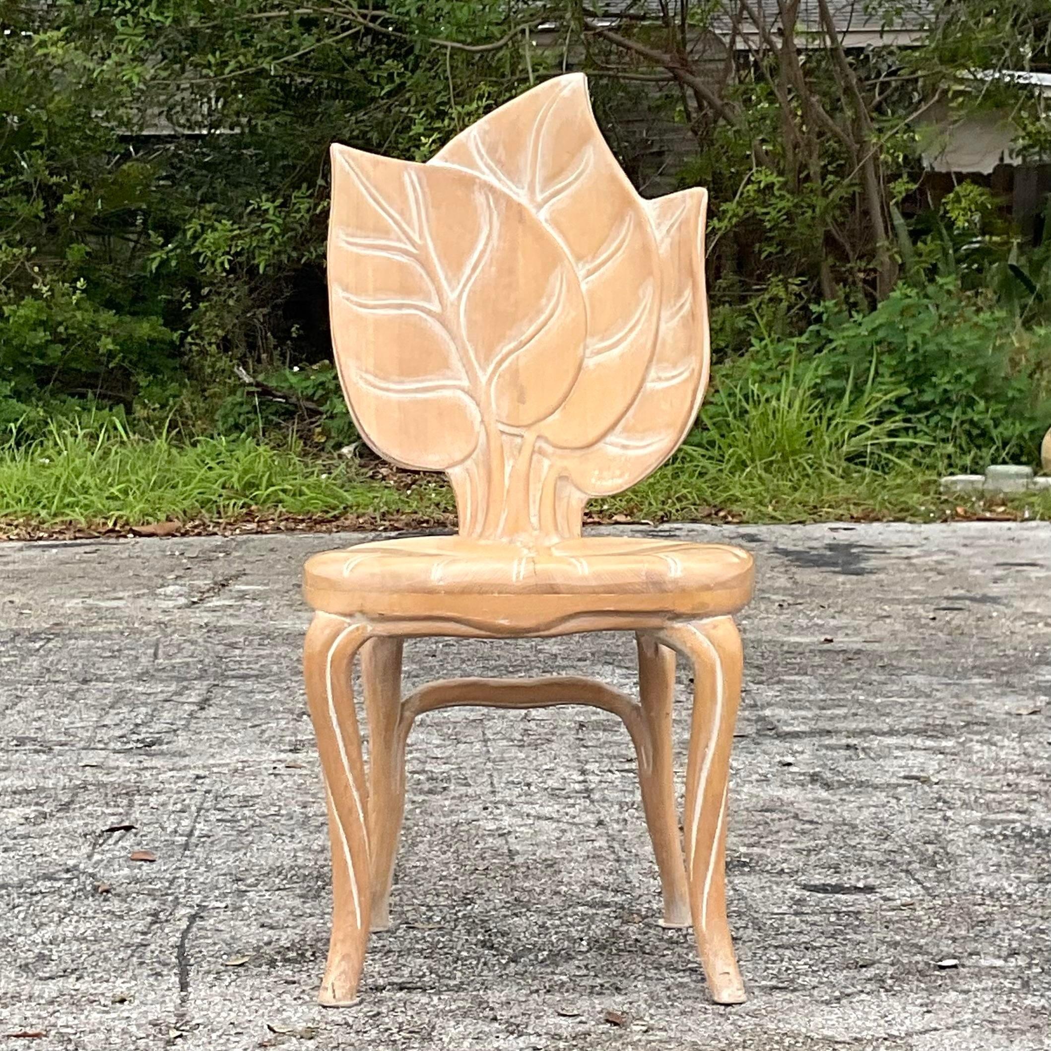 Italian Vintage Boho Hand Carved Leaf Chair After Bartolozzi and Maioli For Sale