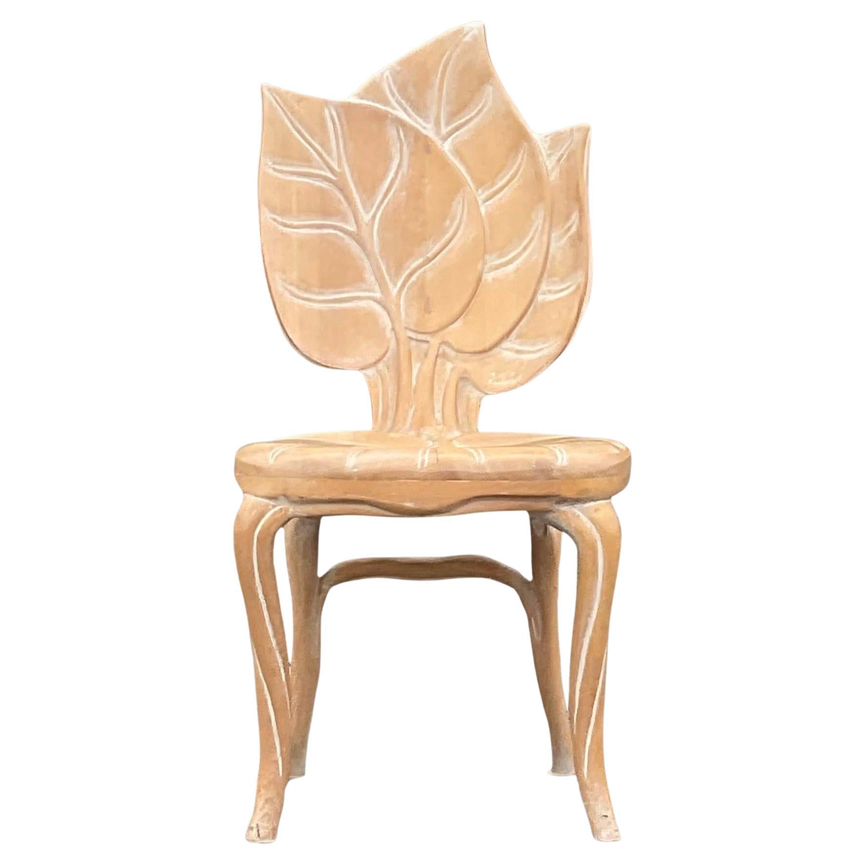 Vintage Boho Hand Carved Leaf Chair After Bartolozzi and Maioli
