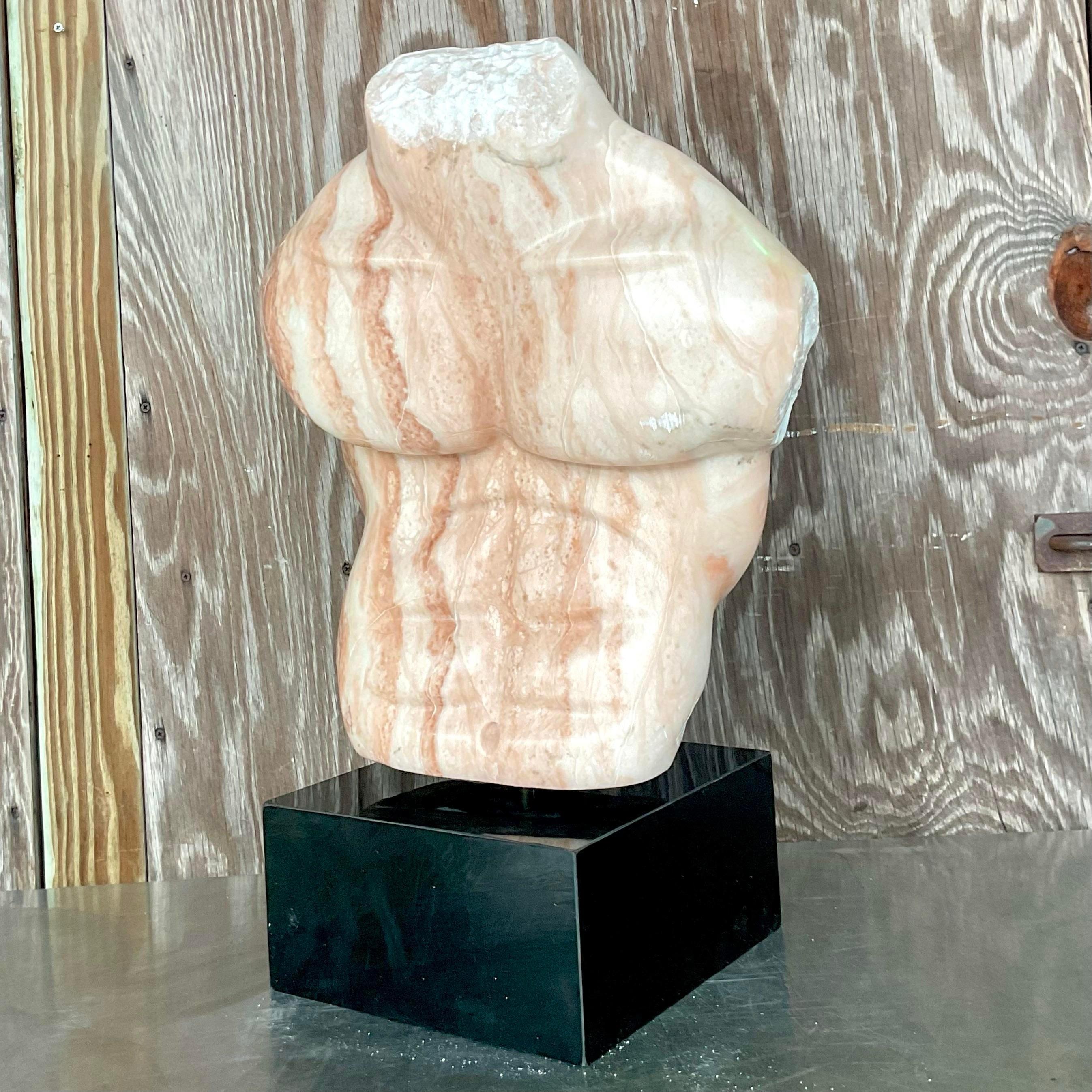 Vintage Boho Hand Carved Marble Sculpture of Torso In Good Condition For Sale In west palm beach, FL