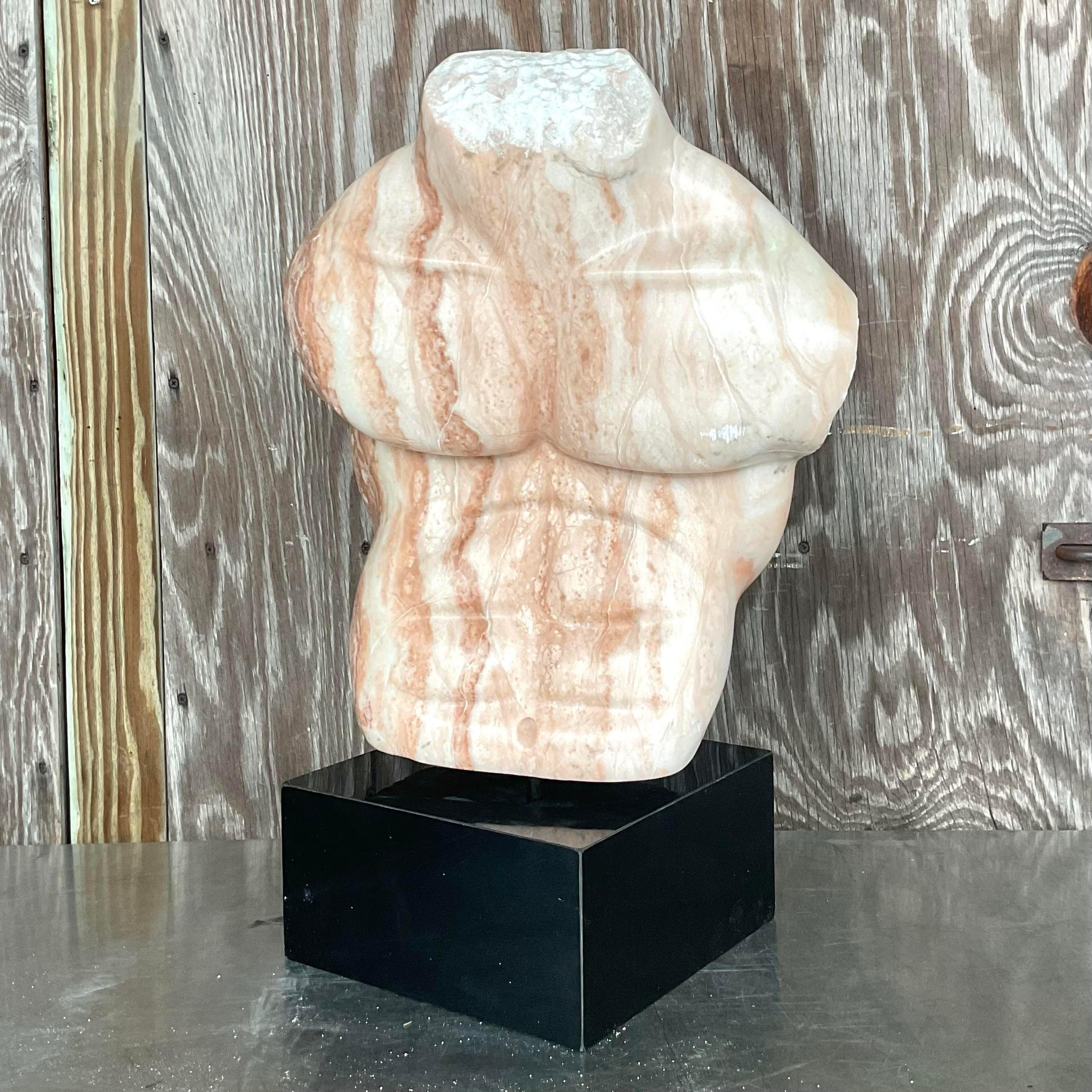 20th Century Vintage Boho Hand Carved Marble Sculpture of Torso For Sale