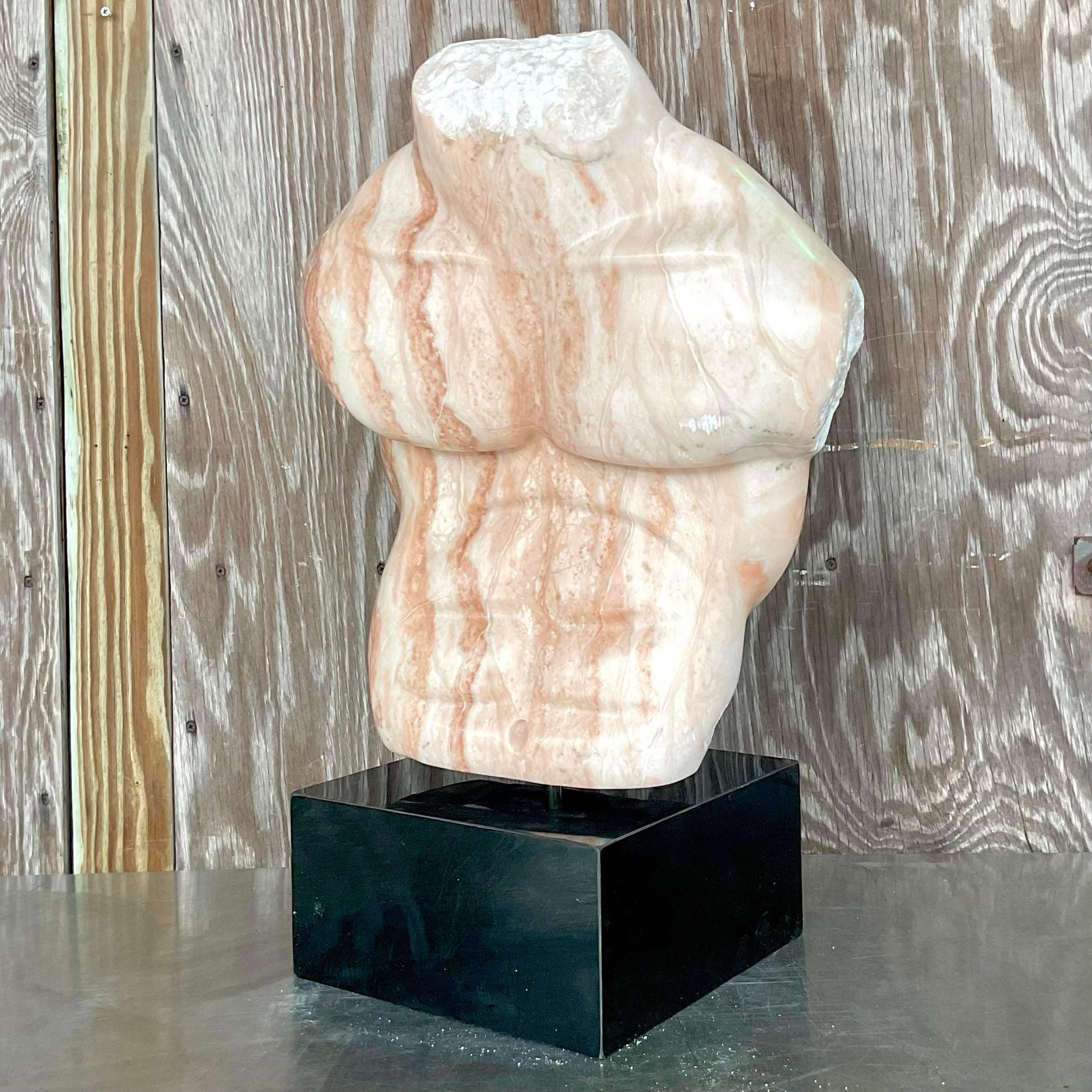 Metal Vintage Boho Hand Carved Marble Sculpture of Torso For Sale